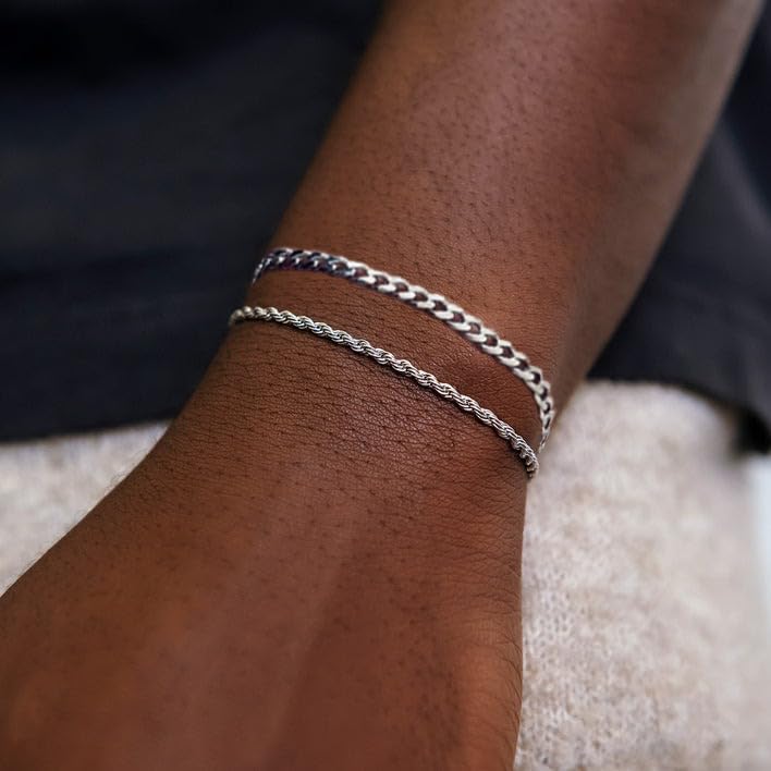 RANKEEF 2 Pcs Chain Bracelet for Men - 925 Sterling Silver Bracelet for Men 7-9inch Figaro Rope Cuban Link Bracelet Set for Men Gifts to Men Dad Husband Boyfriend