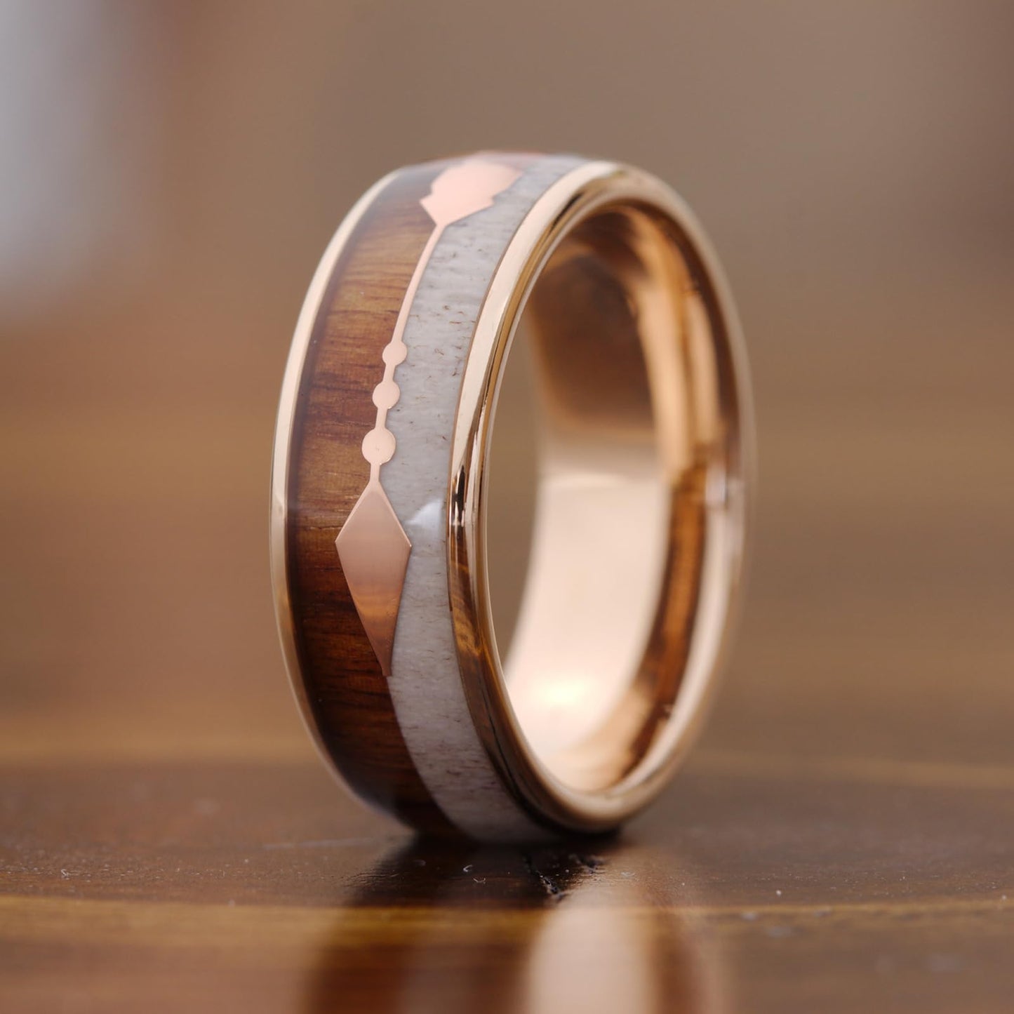 Men's Rose Gold Tungsten Carbide Wedding Band- Premium Tungsten Ring With Deer Antler, Koa Wood & Gold Arrow Inlay - Includes Silicon Band, Leather Drawstring Pouch & Luxury Walnut Ring Box