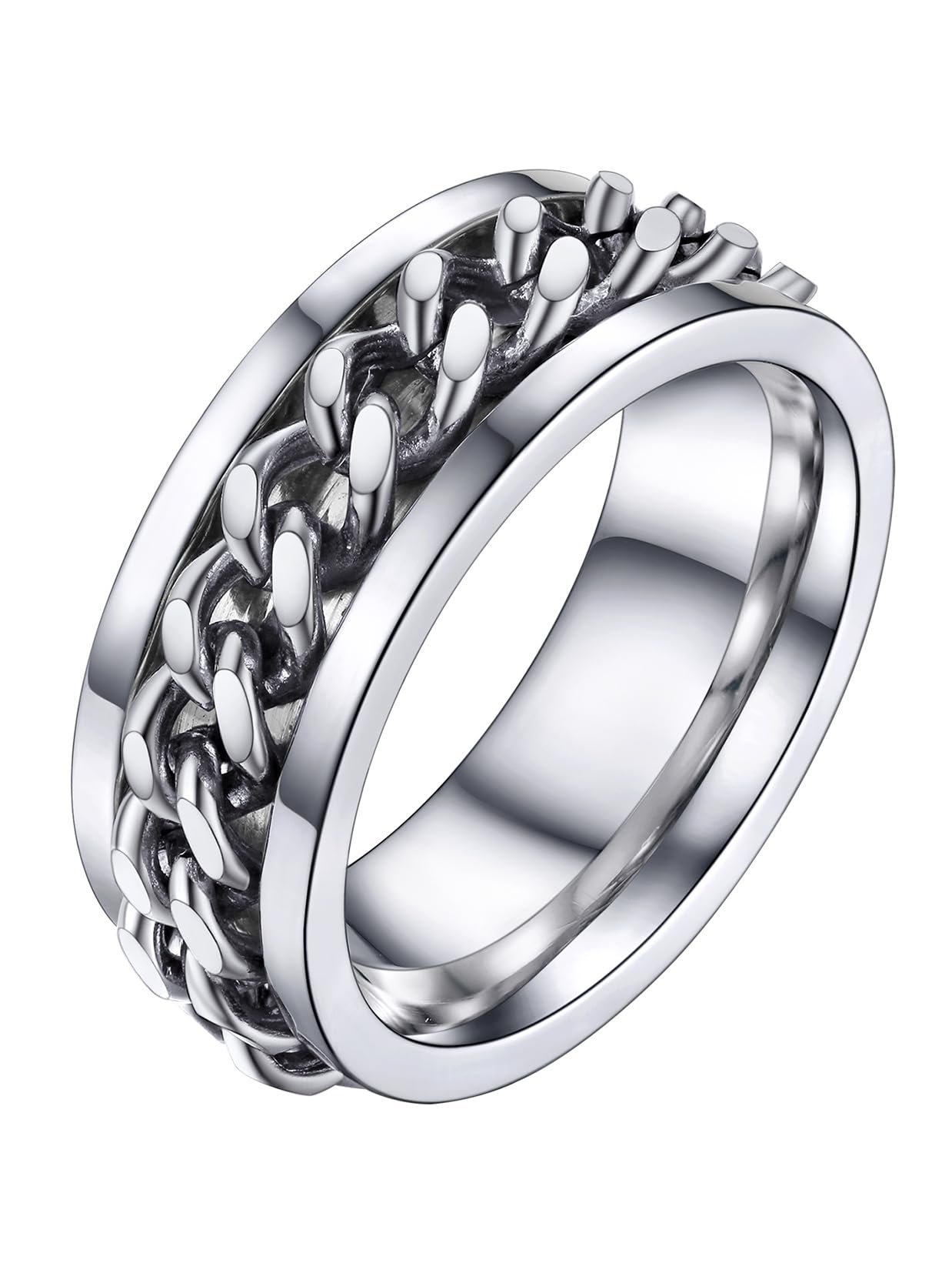 U7 Mens Women Stainless Steel 7mm Wide Band Ring, Hip Hop Thumb Rings Fashion Cuban Link Chain Rings, Size #6-#14 -Color Silver,Black,Gold