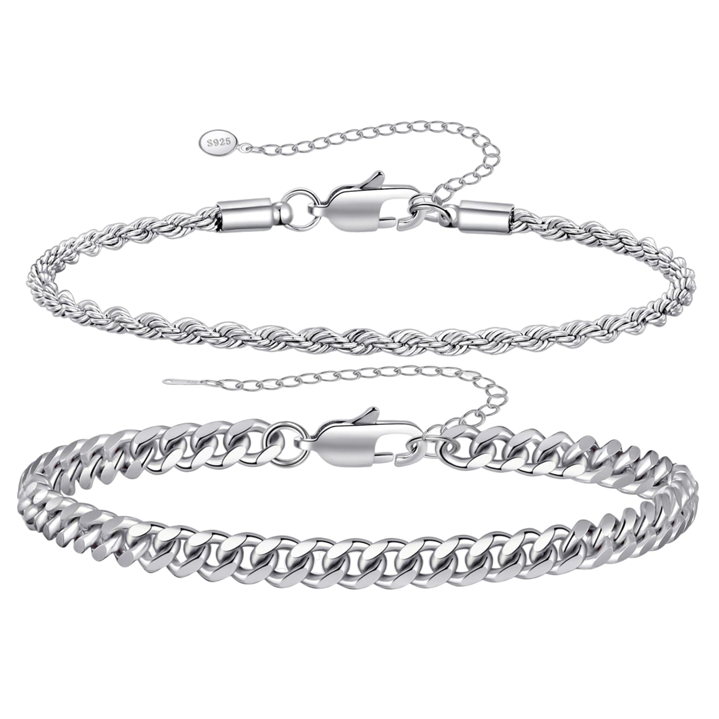 RANKEEF 2 Pcs Chain Bracelet for Men - 925 Sterling Silver Bracelet for Men 7-9inch Figaro Rope Cuban Link Bracelet Set for Men Gifts to Men Dad Husband Boyfriend