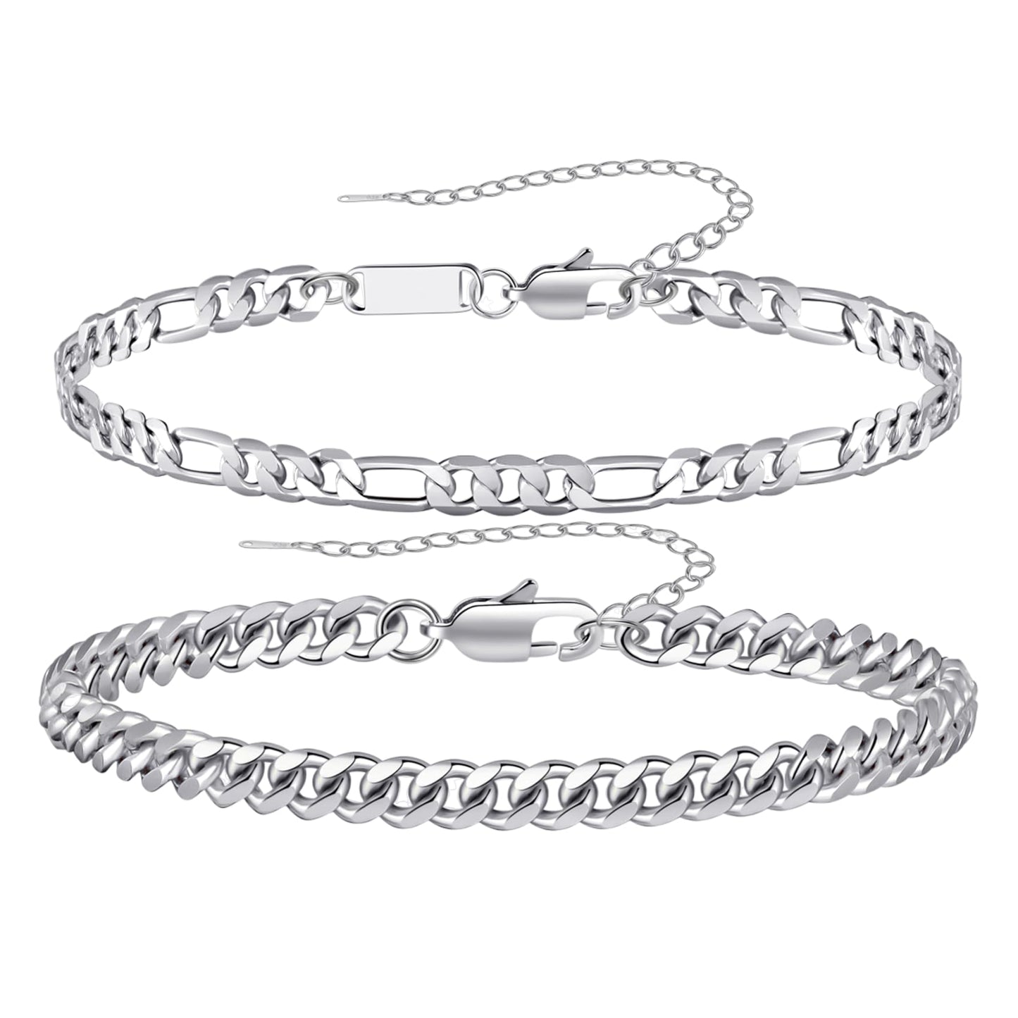 RANKEEF 2 Pcs Chain Bracelet for Men - 925 Sterling Silver Bracelet for Men 7-9inch Figaro Rope Cuban Link Bracelet Set for Men Gifts to Men Dad Husband Boyfriend