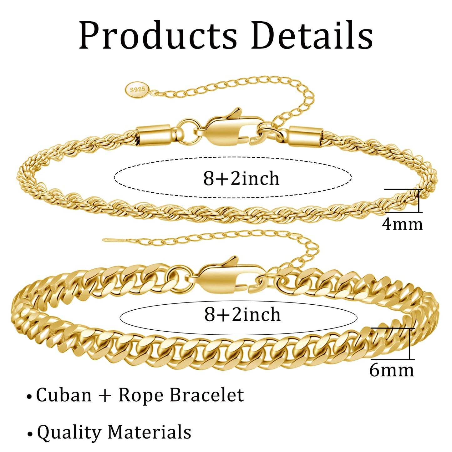 RANKEEF 2 Pcs Chain Bracelet for Men - 925 Sterling Silver Bracelet for Men 7-9inch Figaro Rope Cuban Link Bracelet Set for Men Gifts to Men Dad Husband Boyfriend