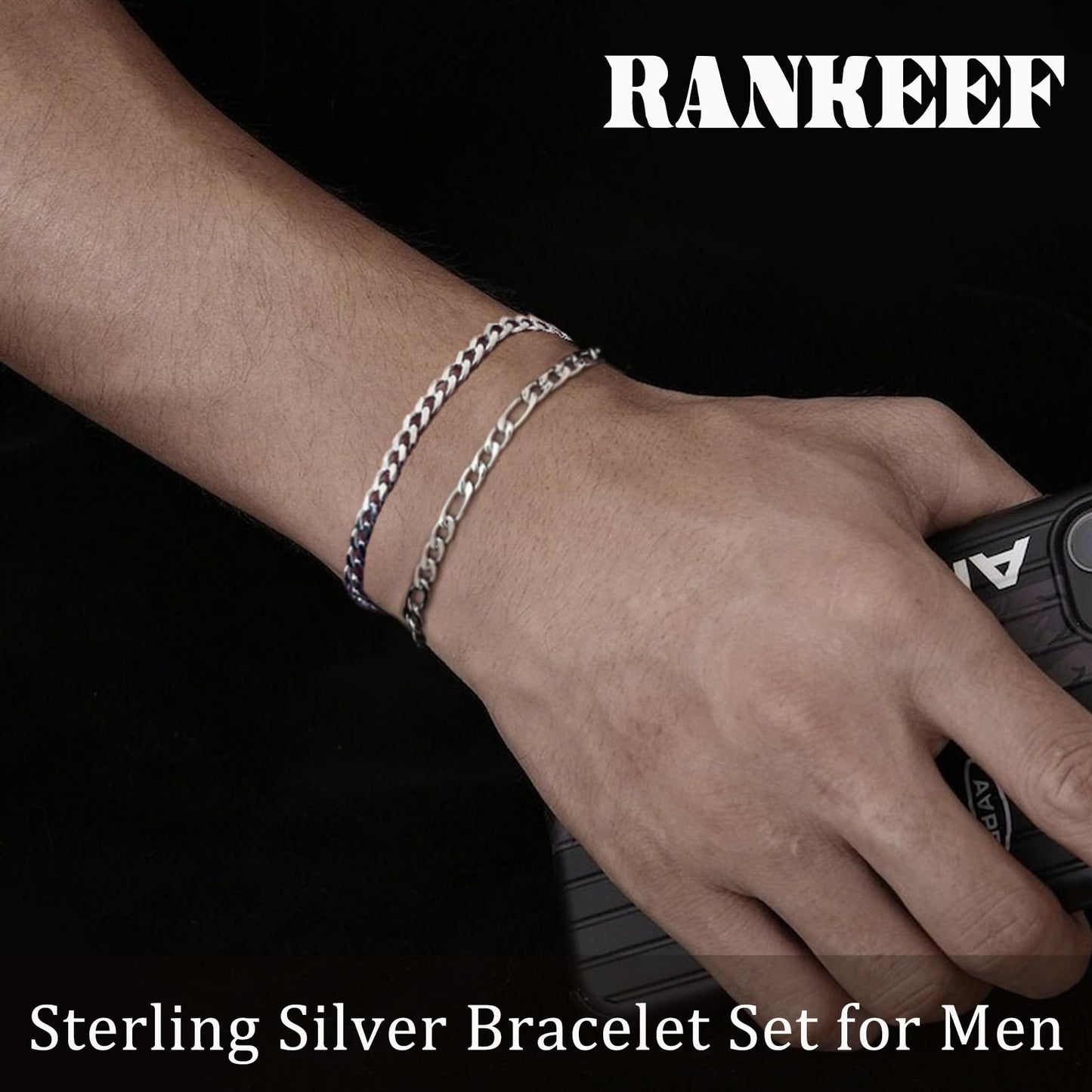RANKEEF 2 Pcs Chain Bracelet for Men - 925 Sterling Silver Bracelet for Men 7-9inch Figaro Rope Cuban Link Bracelet Set for Men Gifts to Men Dad Husband Boyfriend