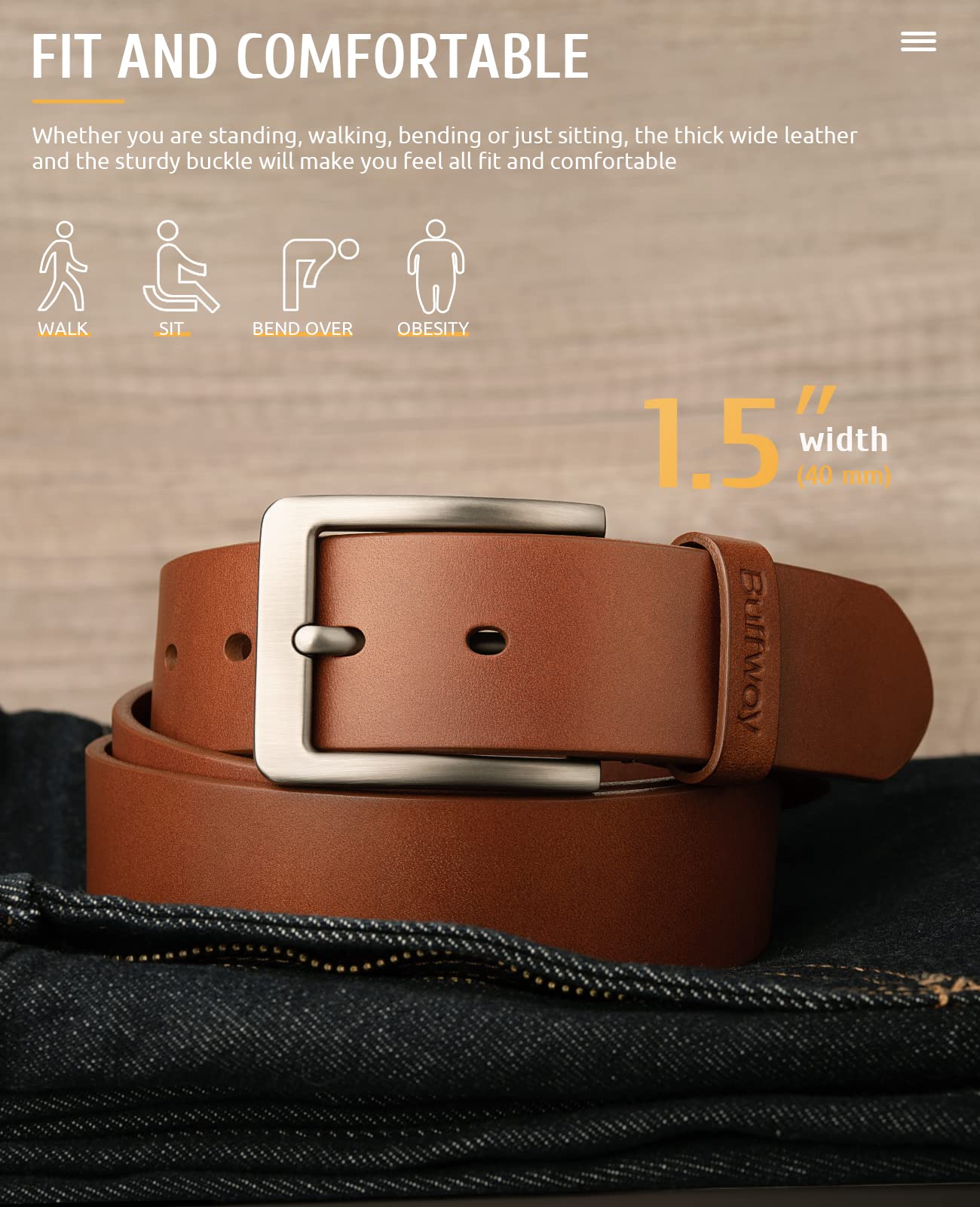 Buffway Minimalist 1.5" Full Grain Leather Belts for Men with Metal Buckle, Heavy Duty Mens Casual Belts in Gift Box