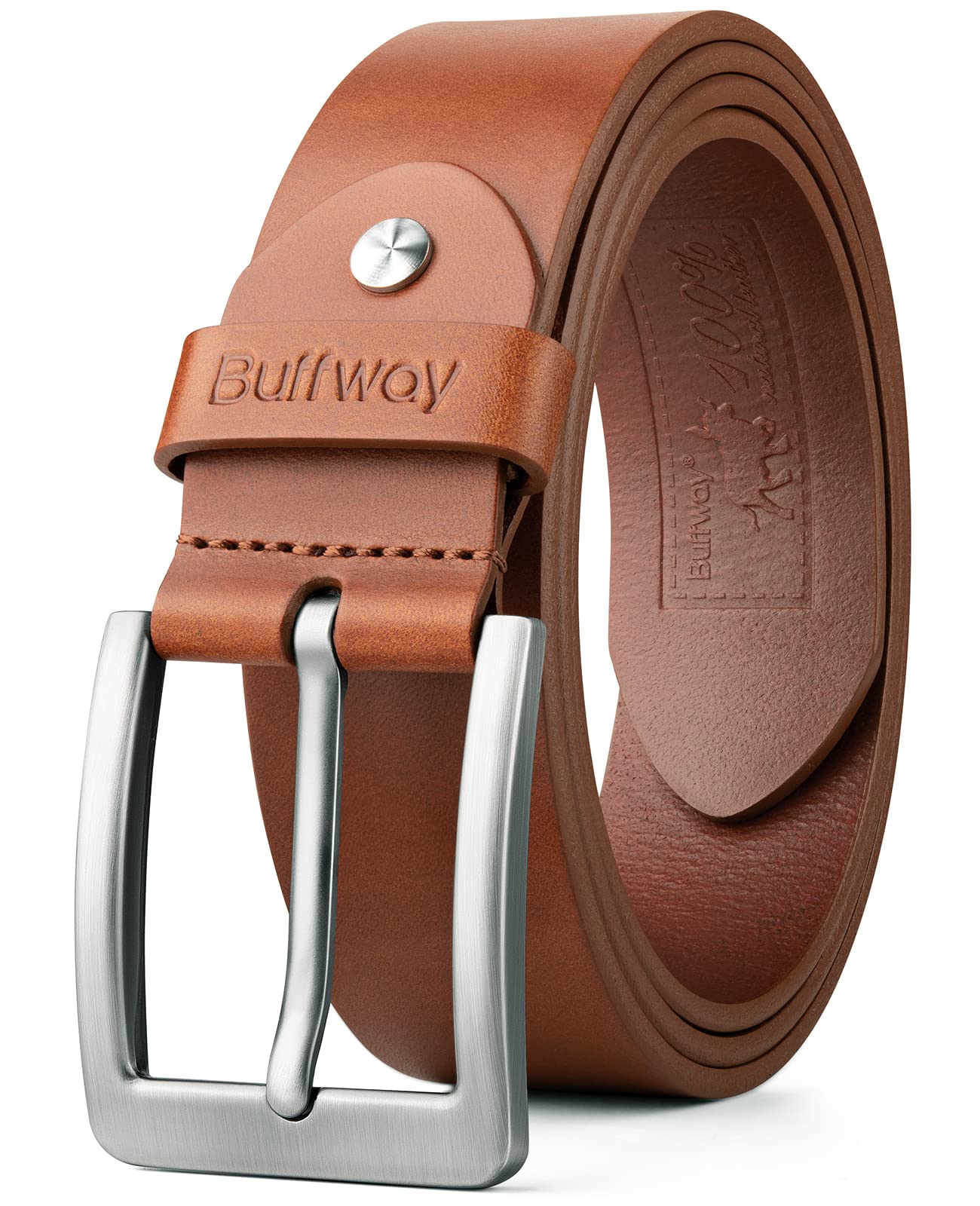Buffway Minimalist 1.5" Full Grain Leather Belts for Men with Metal Buckle, Heavy Duty Mens Casual Belts in Gift Box