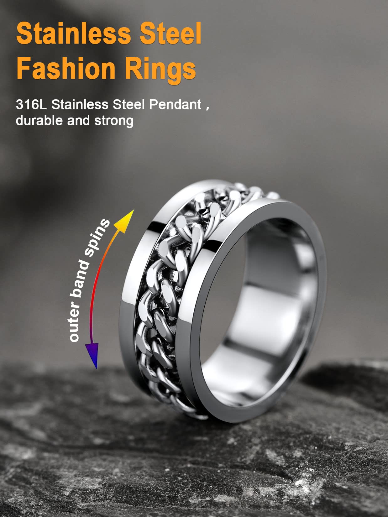 U7 Mens Women Stainless Steel 7mm Wide Band Ring, Hip Hop Thumb Rings Fashion Cuban Link Chain Rings, Size #6-#14 -Color Silver,Black,Gold