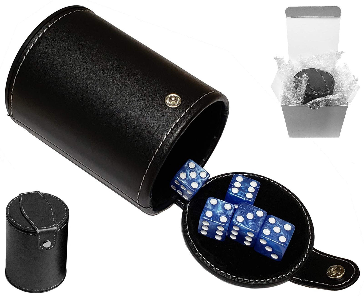 Cyber-Deals Set of 16mm Marbleized Dice and Black PU Leather, Velvet Lined Dice Cup with Storage Compartment (Gift Boxed) (Pearl Dice, Black Lining Cup)