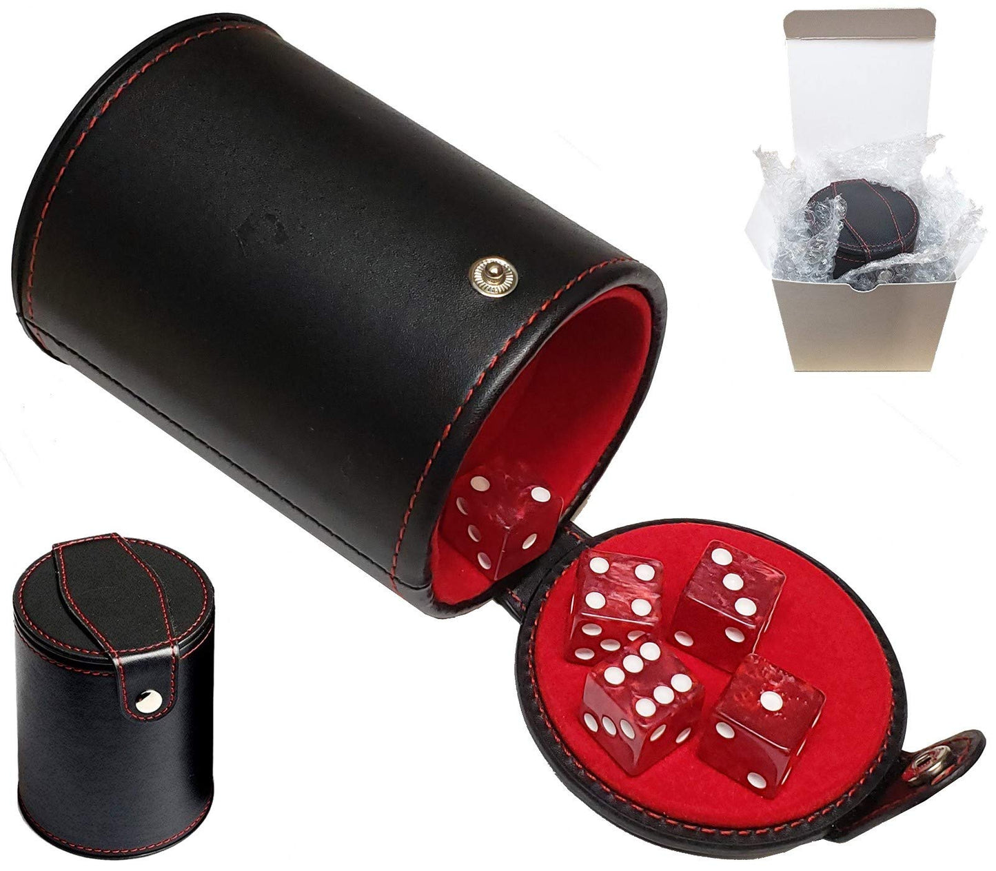 Cyber-Deals Set of 16mm Marbleized Dice and Black PU Leather, Velvet Lined Dice Cup with Storage Compartment (Gift Boxed) (Pearl Dice, Black Lining Cup)