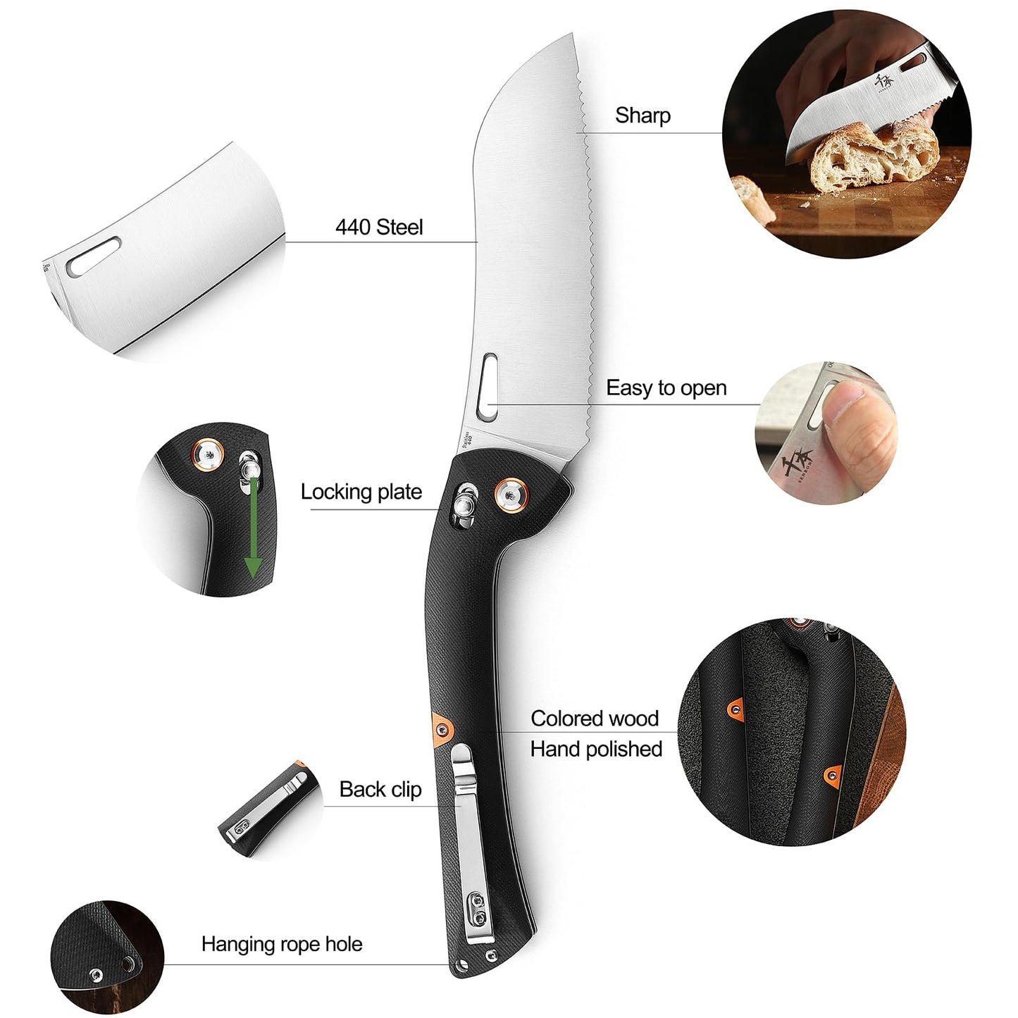 SENBON 440 Stainless Steel Lightweight Ultra Sharp Pocket Folding Chef Knife Peeling Utility Knife Fruit Knife g10 Handle with Back Clip