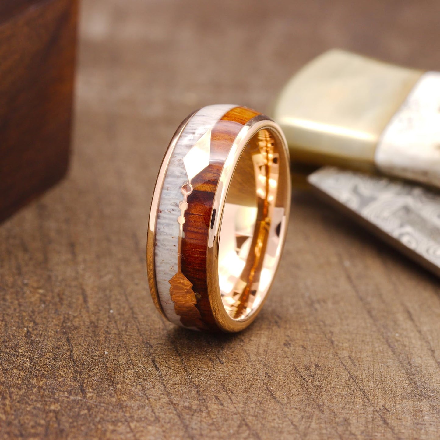 Men's Rose Gold Tungsten Carbide Wedding Band- Premium Tungsten Ring With Deer Antler, Koa Wood & Gold Arrow Inlay - Includes Silicon Band, Leather Drawstring Pouch & Luxury Walnut Ring Box