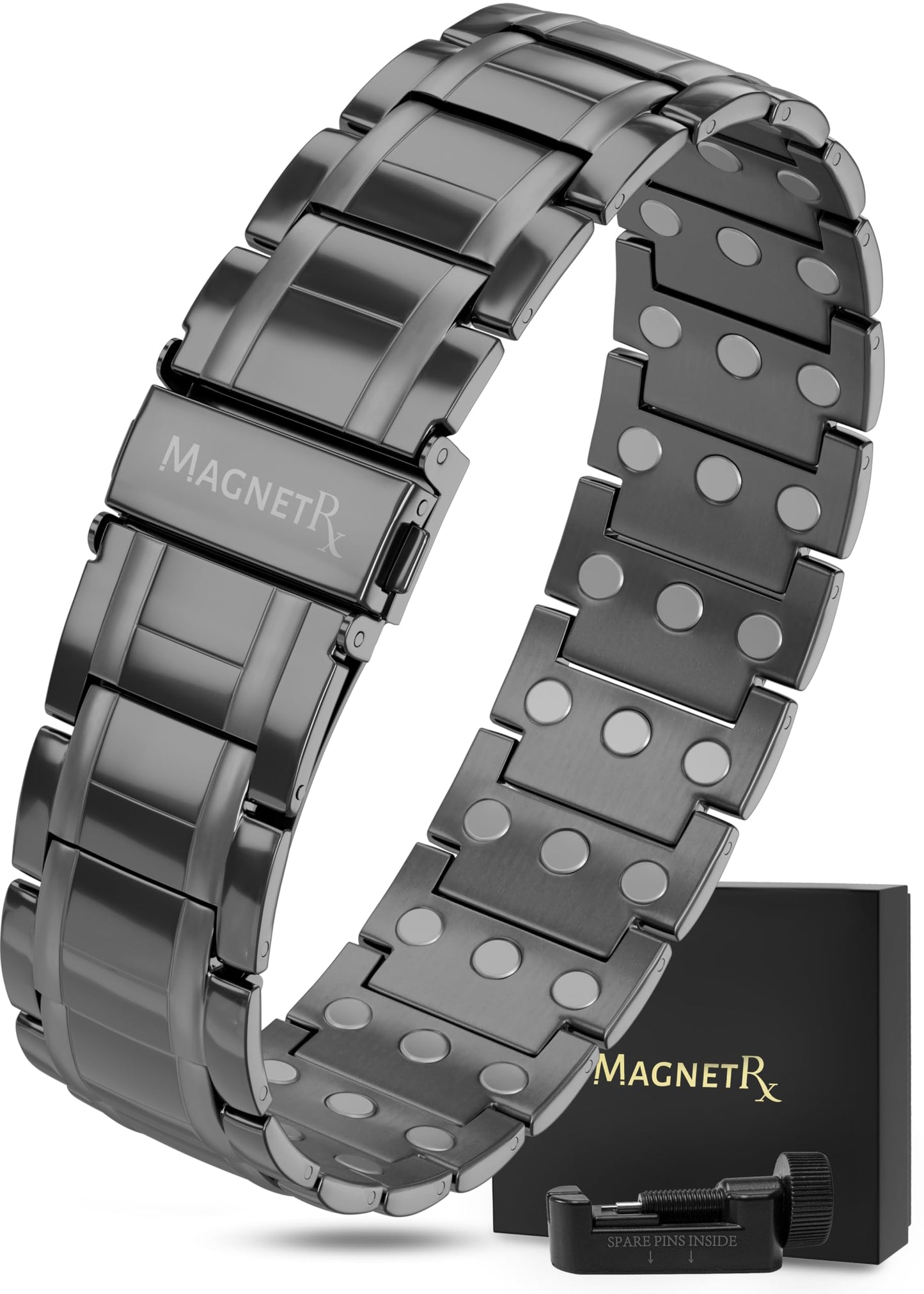 MagnetRX® 3X Strength Magnetic Bracelets for Men – Effective Titanium Mens Magnetic Bracelet – Premium Fold-Over Clasp & Adjustable Length with Sizing Tool & Gift Box (Black)