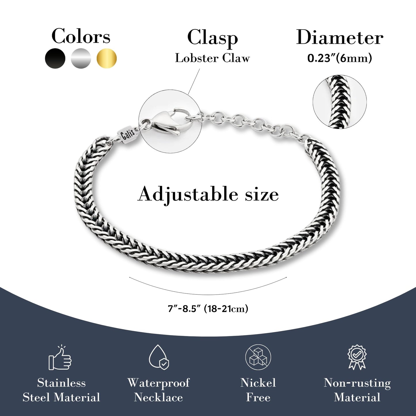 Galis Chain Bracelets For Men 7.5" - Premium Stainless Steel Mens Bracelet, Silver Plated Non Tarnish Bracelet - Snake Chain Everyday Men's Bracelets, Gifts For Him, For The Dad Dedication Card