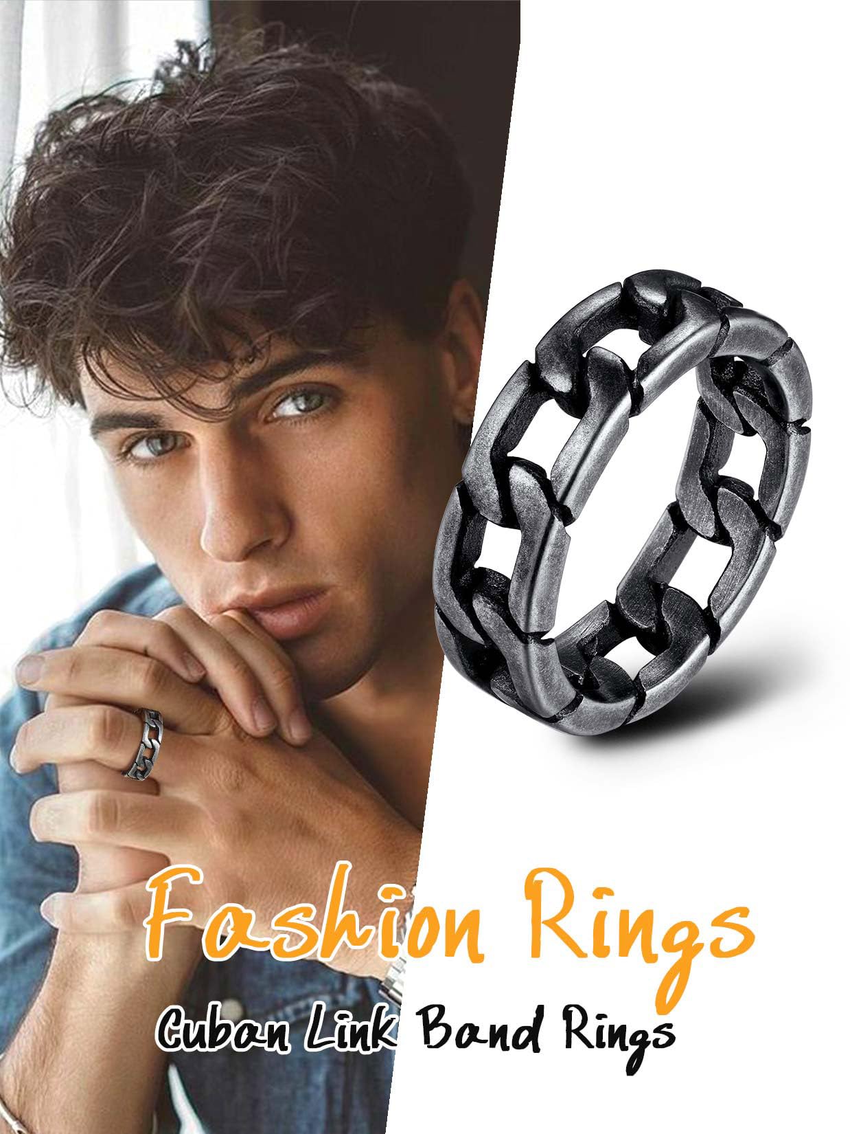 U7 Mens Women Stainless Steel 7mm Wide Band Ring, Hip Hop Thumb Rings Fashion Cuban Link Chain Rings, Size #6-#14 -Color Silver,Black,Gold