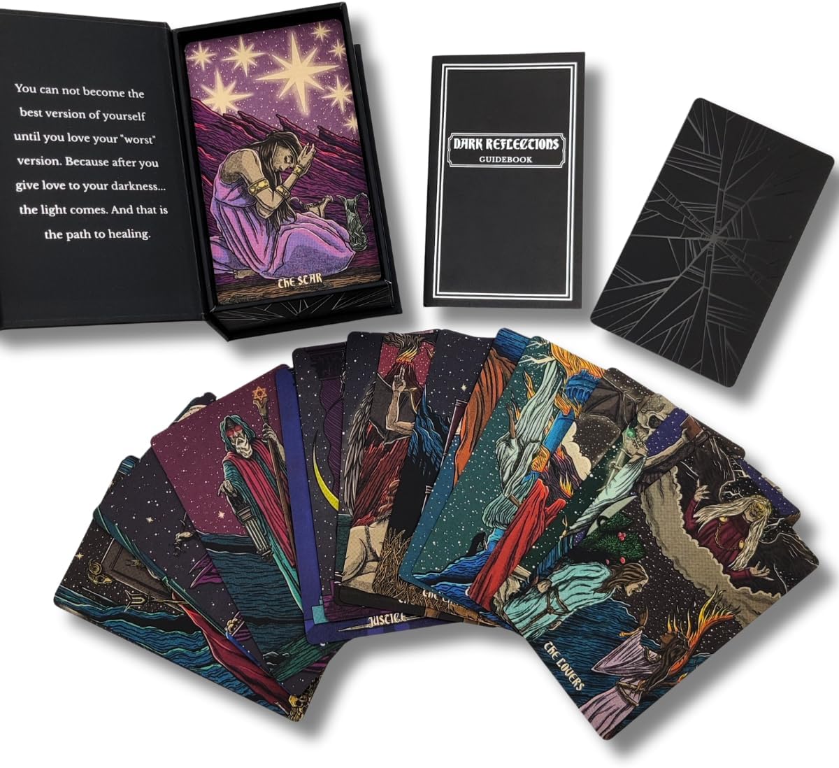 Dark Reflections Tarot Shadow Work Cards Deck, Unique Art Work with Guide Book for Beginners - A Minimalist Tarot Large Deck, Major and Minor Arcana Full Tarot Deck with 78 Cards
