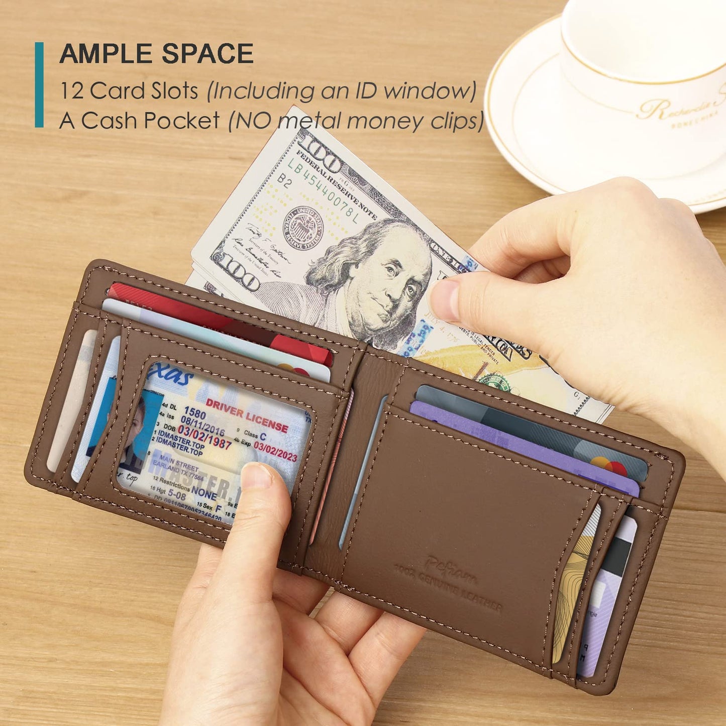 Full Grain Leather Wallets for Men,Bifold Wallets for Men,Mens Leather Wallets with 12 Slots,RFID Blocking Wallets for Men,Gifts for Men (USA Flag,Red)