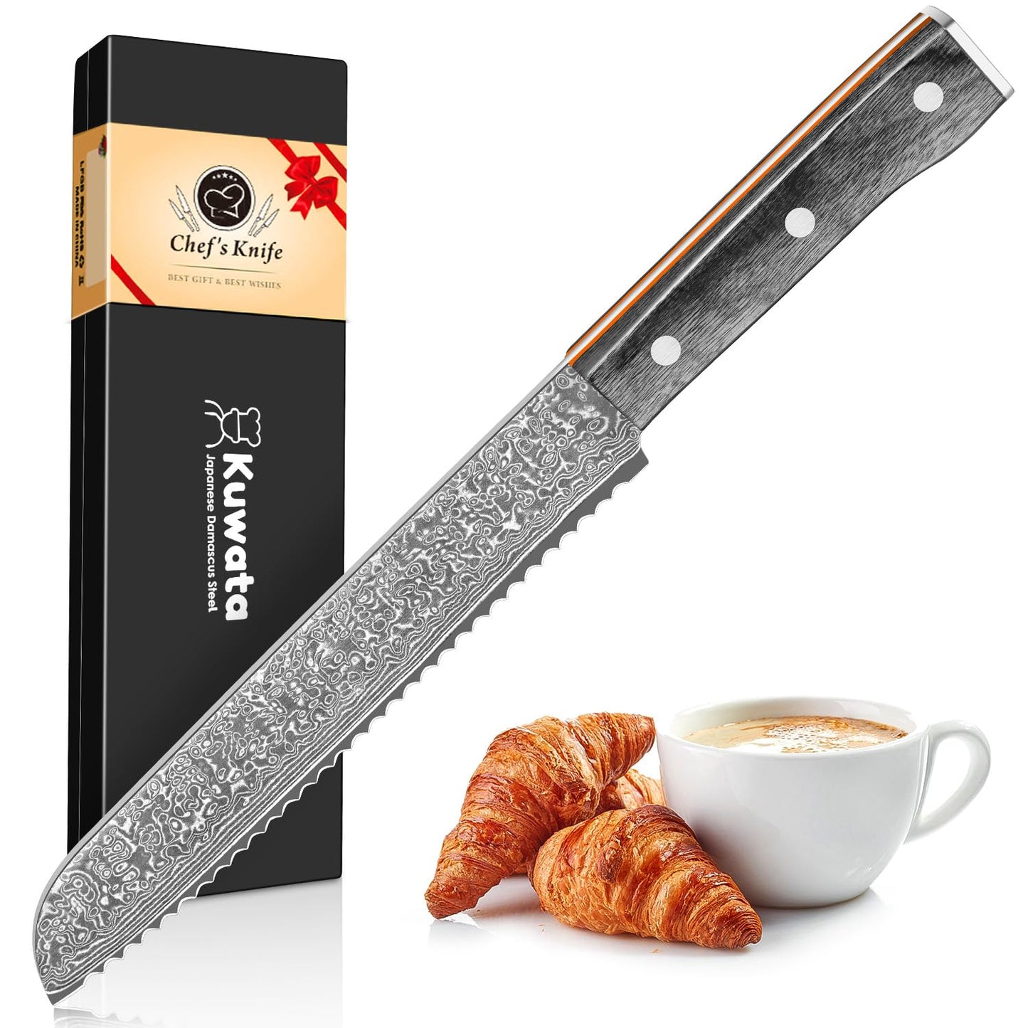 Bread Knife, 10inch Multifunction Serrated Knife, VG10 Damascus Steel Bread Cutting Knife for Homemade Bread, Razor Sharp Edge for Efficient Slicing Sourdough Bread, Bagels, Cake