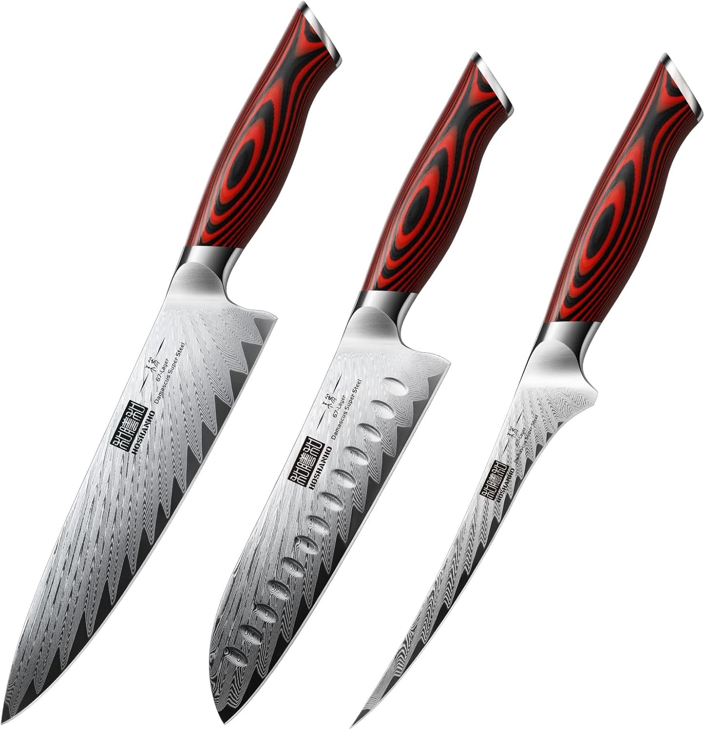 Damascu 8-inch Chef Knife + Damascus 7-inch Santoku Knife + Damasucs 7-inch Fillet Knife