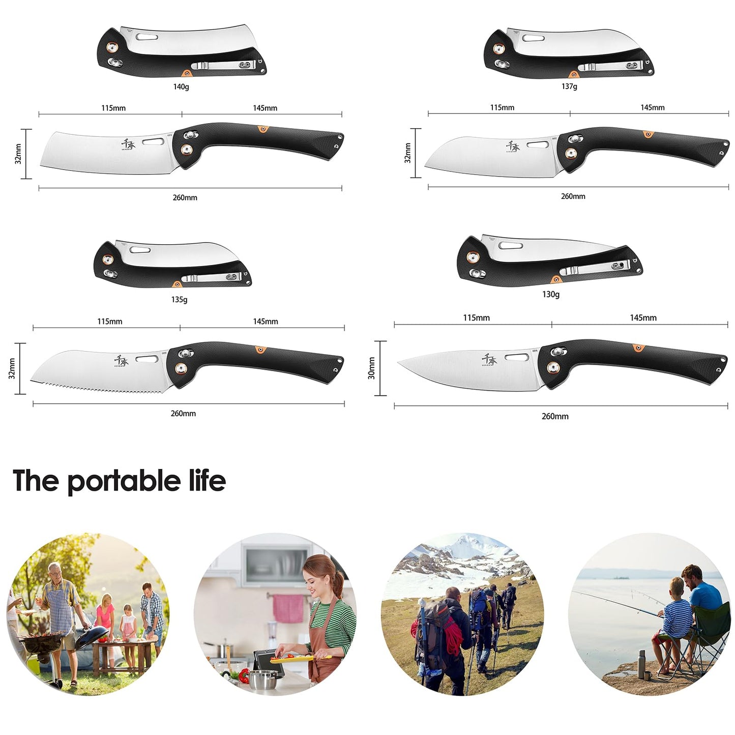 SENBON 440 Stainless Steel Lightweight Ultra Sharp Pocket Folding Chef Knife Peeling Utility Knife Fruit Knife g10 Handle with Back Clip