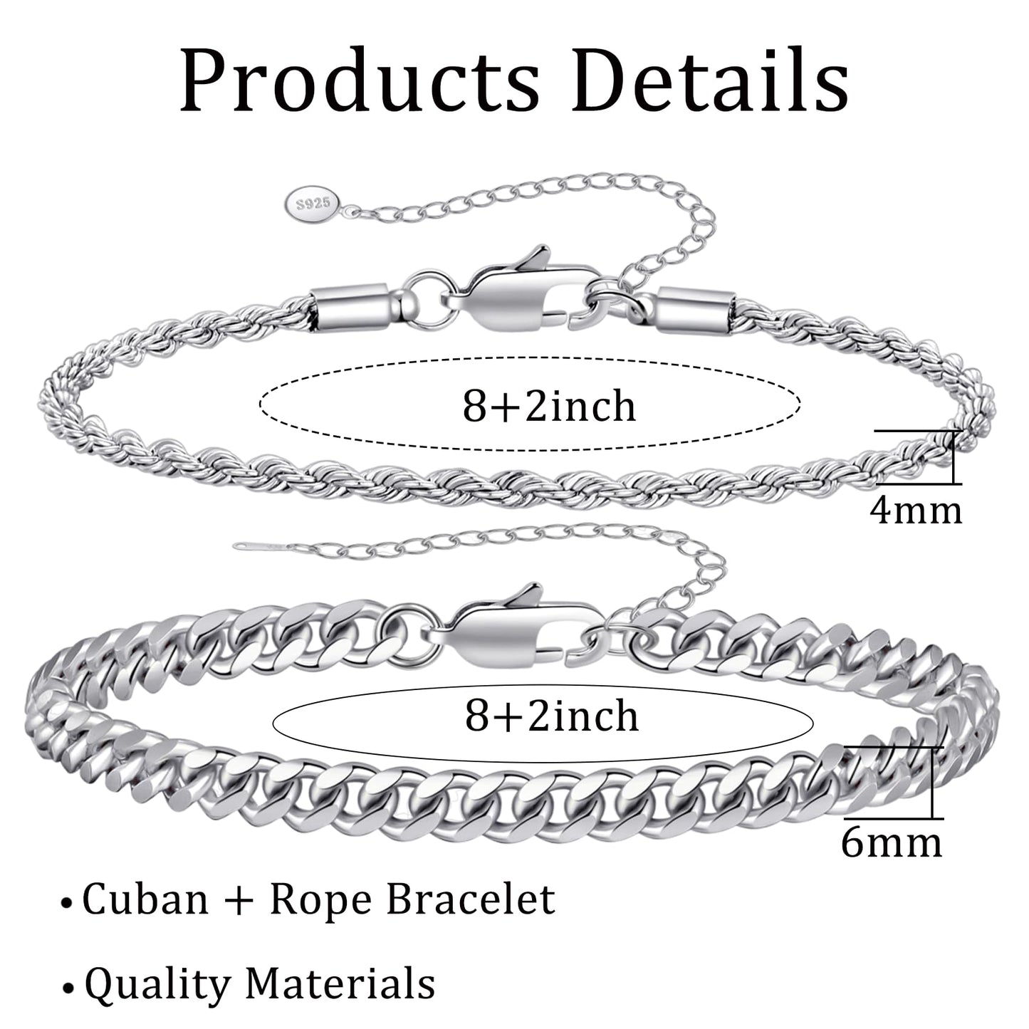 RANKEEF 2 Pcs Chain Bracelet for Men - 925 Sterling Silver Bracelet for Men 7-9inch Figaro Rope Cuban Link Bracelet Set for Men Gifts to Men Dad Husband Boyfriend