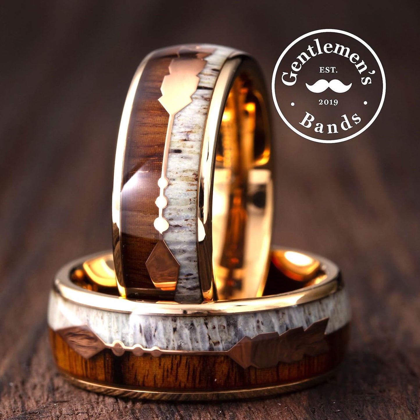 Men's Rose Gold Tungsten Carbide Wedding Band- Premium Tungsten Ring With Deer Antler, Koa Wood & Gold Arrow Inlay - Includes Silicon Band, Leather Drawstring Pouch & Luxury Walnut Ring Box
