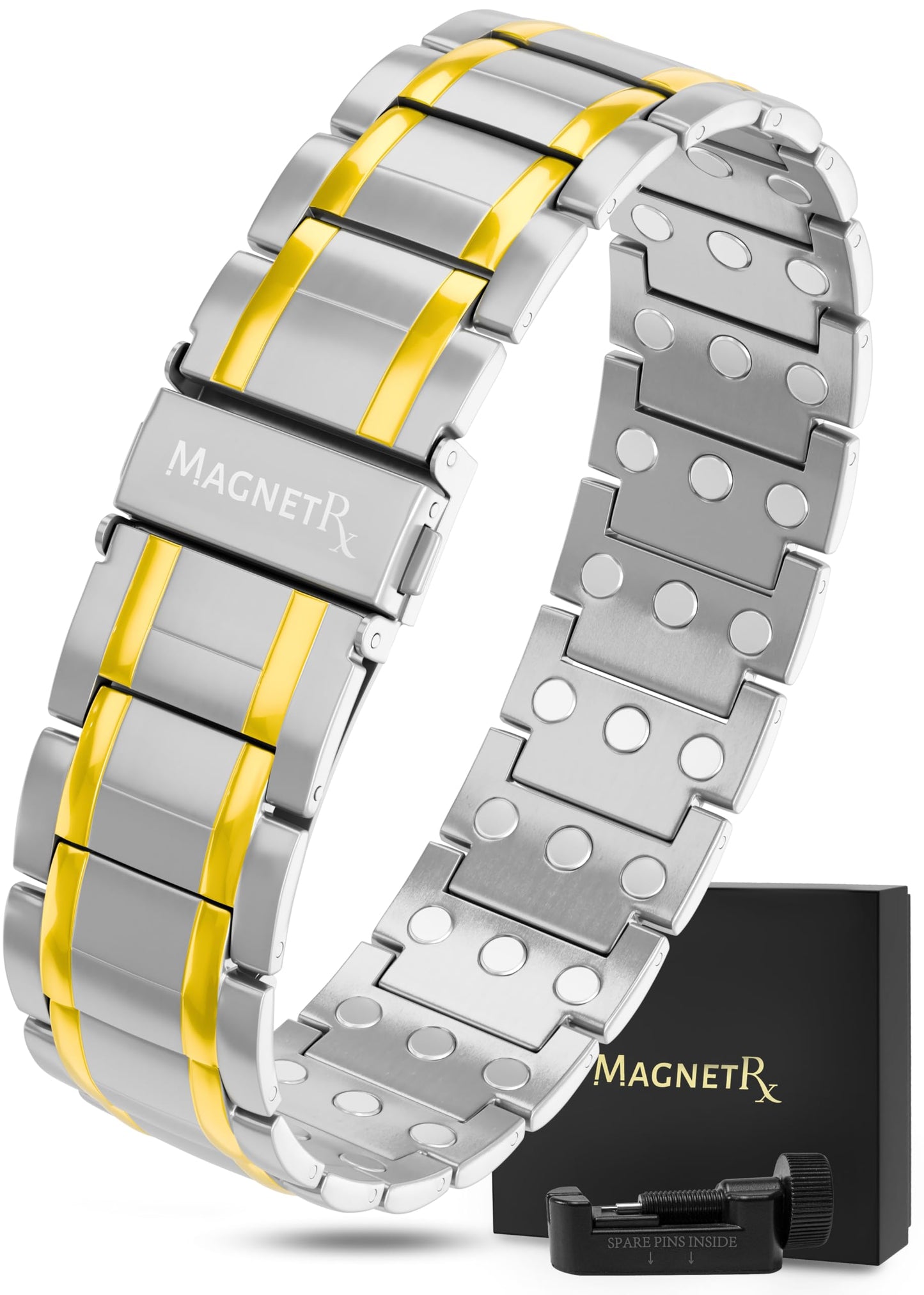MagnetRX® 3X Strength Magnetic Bracelets for Men – Effective Titanium Mens Magnetic Bracelet – Premium Fold-Over Clasp & Adjustable Length with Sizing Tool & Gift Box (Black)