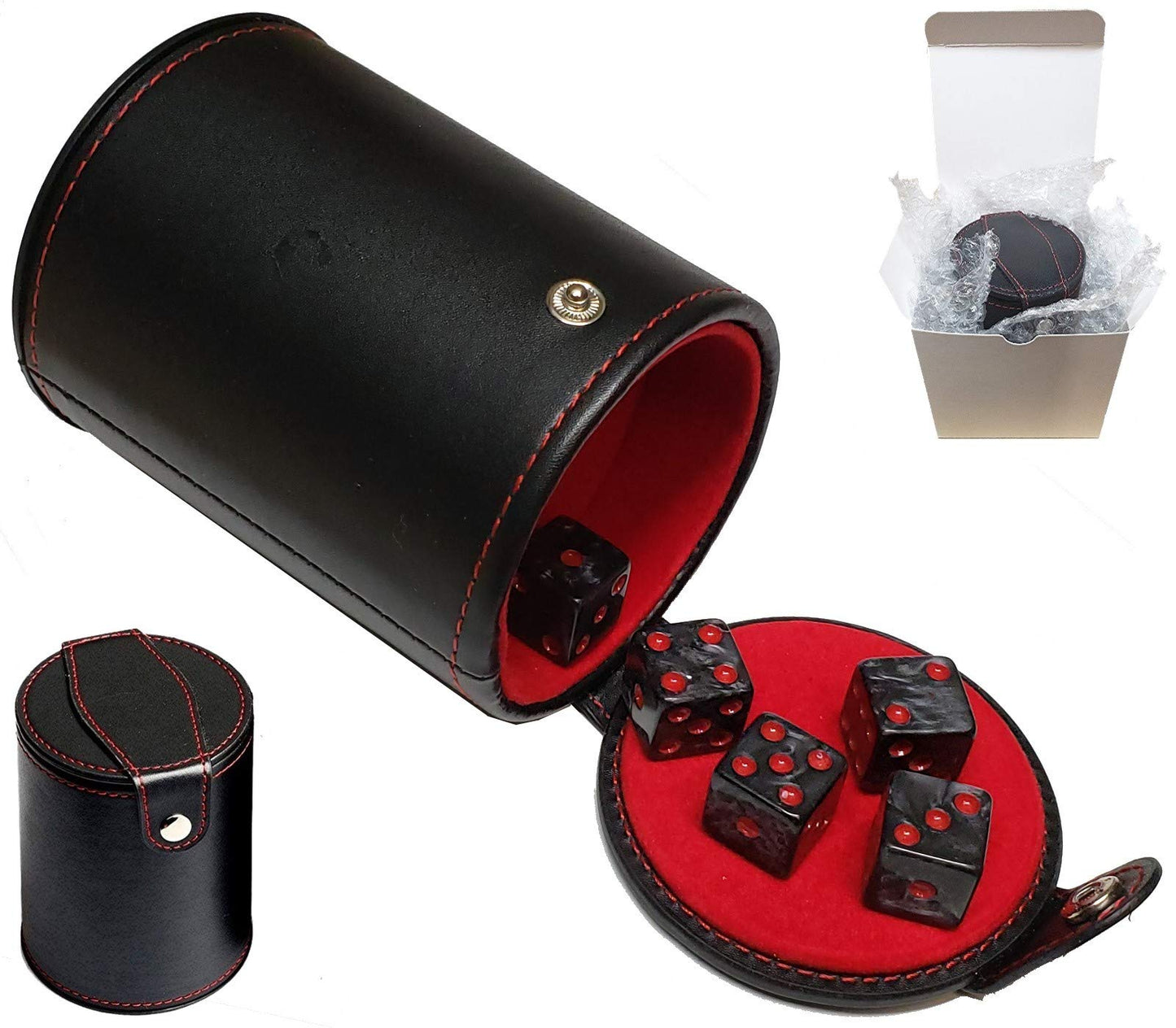 Cyber-Deals Set of 16mm Marbleized Dice and Black PU Leather, Velvet Lined Dice Cup with Storage Compartment (Gift Boxed) (Pearl Dice, Black Lining Cup)