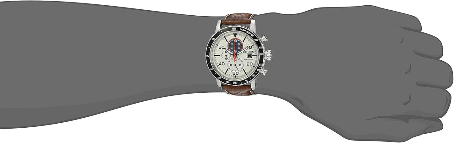 Citizen Men's Eco-Drive Weekender Brycen Chronograph Watch in Stainless Steel, Brown Leather strap, Ivory Dial (Model: CA0649-06X)
