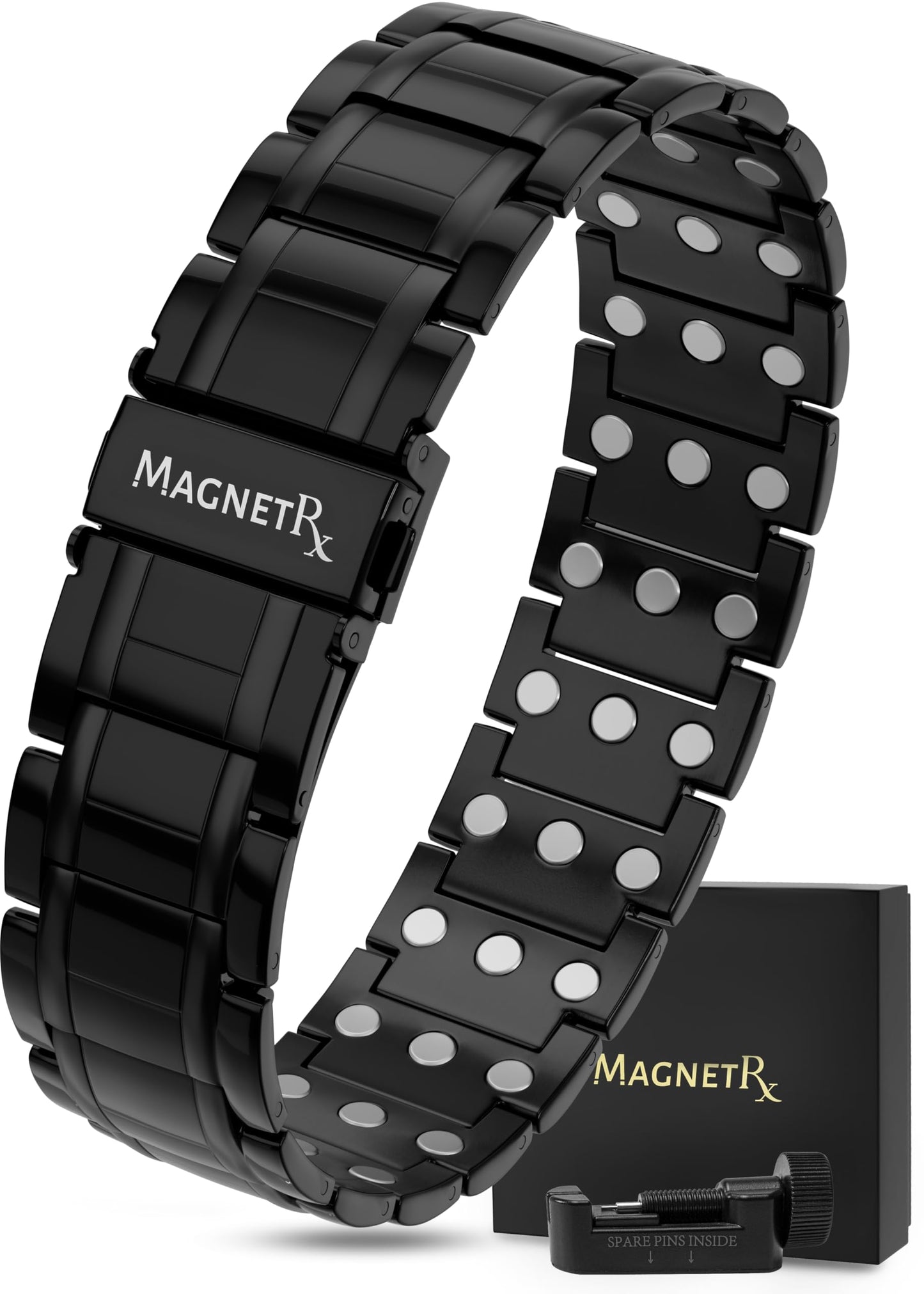 MagnetRX® 3X Strength Magnetic Bracelets for Men – Effective Titanium Mens Magnetic Bracelet – Premium Fold-Over Clasp & Adjustable Length with Sizing Tool & Gift Box (Black)