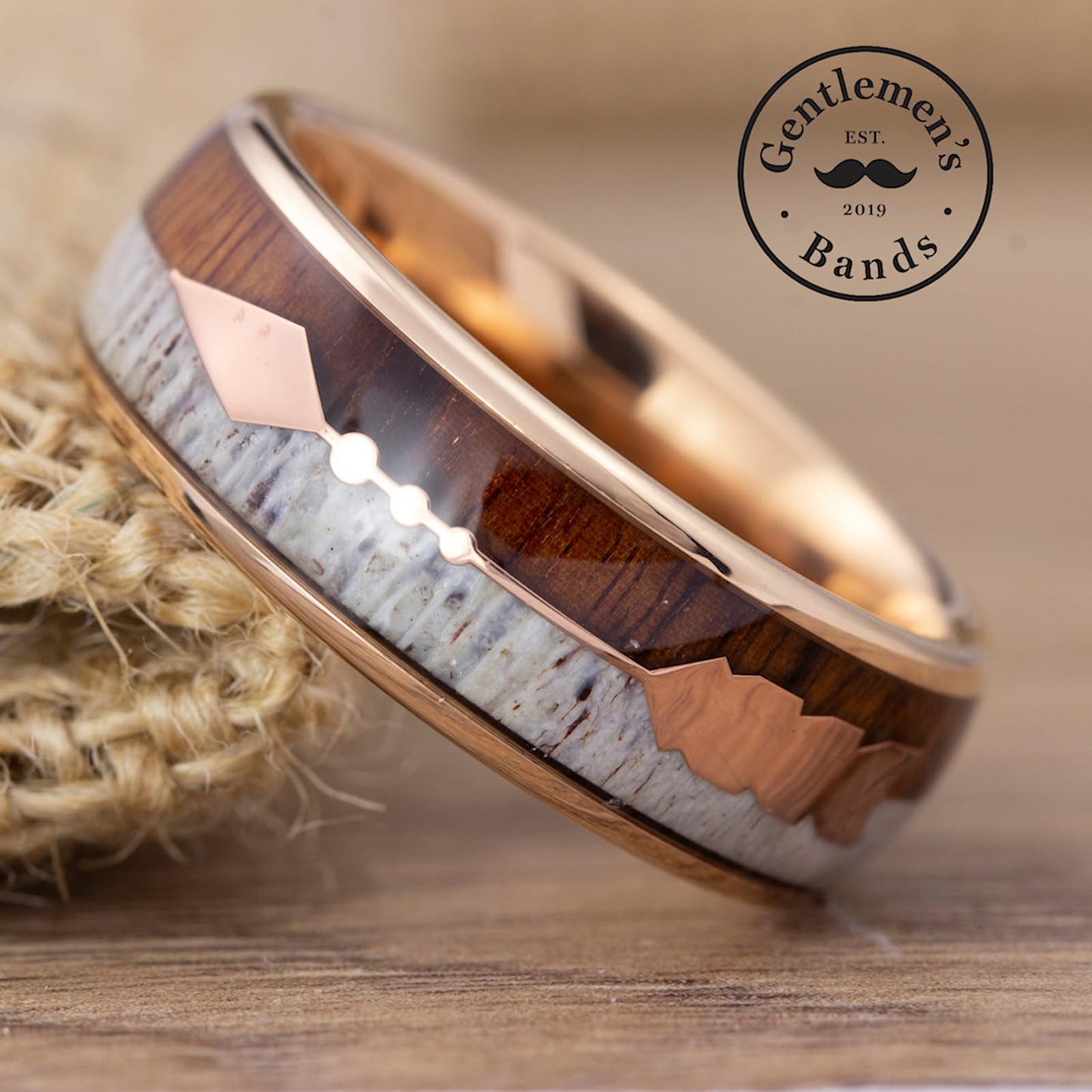 Men's Rose Gold Tungsten Carbide Wedding Band- Premium Tungsten Ring With Deer Antler, Koa Wood & Gold Arrow Inlay - Includes Silicon Band, Leather Drawstring Pouch & Luxury Walnut Ring Box