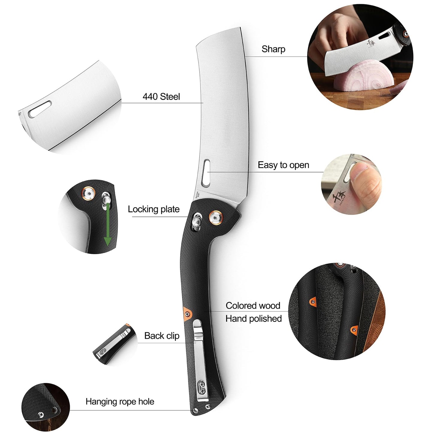 SENBON 440 Stainless Steel Lightweight Ultra Sharp Pocket Folding Chef Knife Peeling Utility Knife Fruit Knife g10 Handle with Back Clip