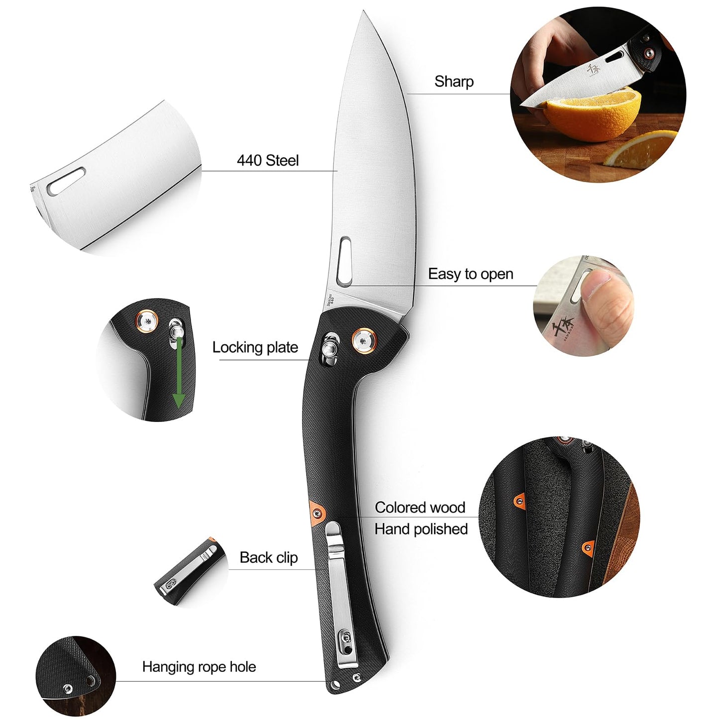 SENBON 440 Stainless Steel Lightweight Ultra Sharp Pocket Folding Chef Knife Peeling Utility Knife Fruit Knife g10 Handle with Back Clip