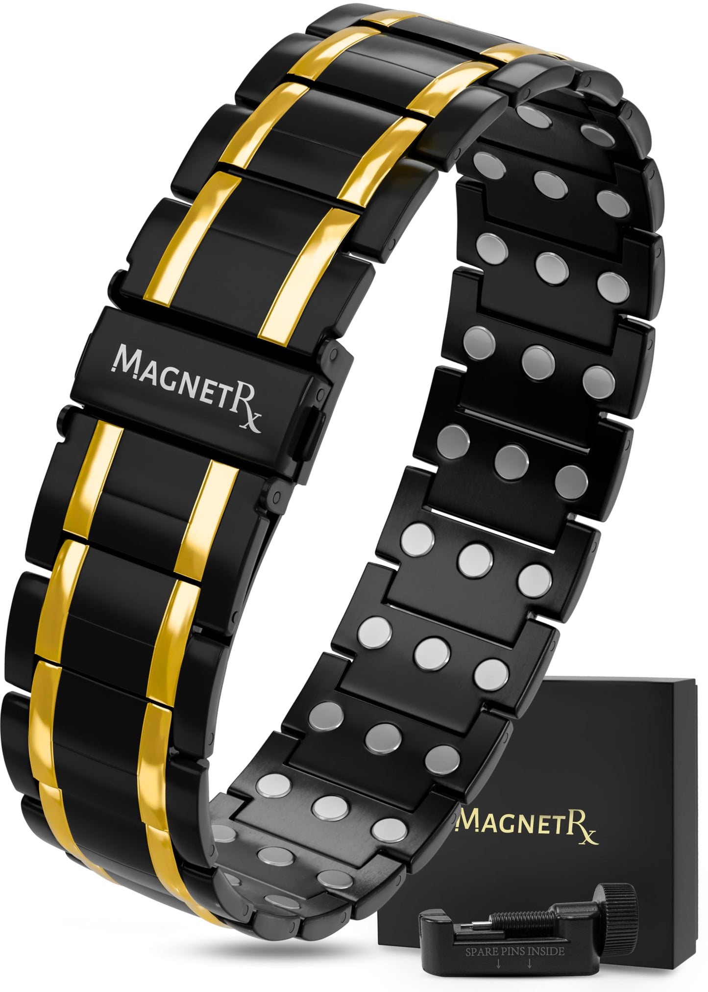MagnetRX® 3X Strength Magnetic Bracelets for Men – Effective Titanium Mens Magnetic Bracelet – Premium Fold-Over Clasp & Adjustable Length with Sizing Tool & Gift Box (Black)