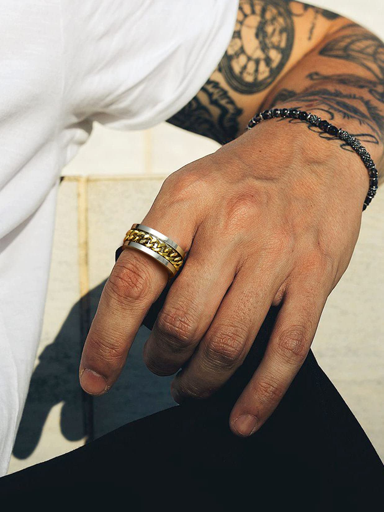 U7 Mens Women Stainless Steel 7mm Wide Band Ring, Hip Hop Thumb Rings Fashion Cuban Link Chain Rings, Size #6-#14 -Color Silver,Black,Gold