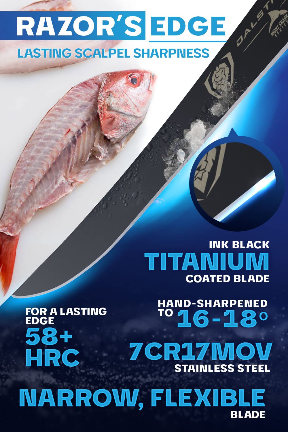 Dalstrong Slicing Knife - 12 inch - Night Shark Series - 7CR17MOV High Carbon Steel - Titanium Coated Blade - Outdoor & Fishing - Polypropylene Handle - Carving Knife - Nylon Sheath - NSF Certified