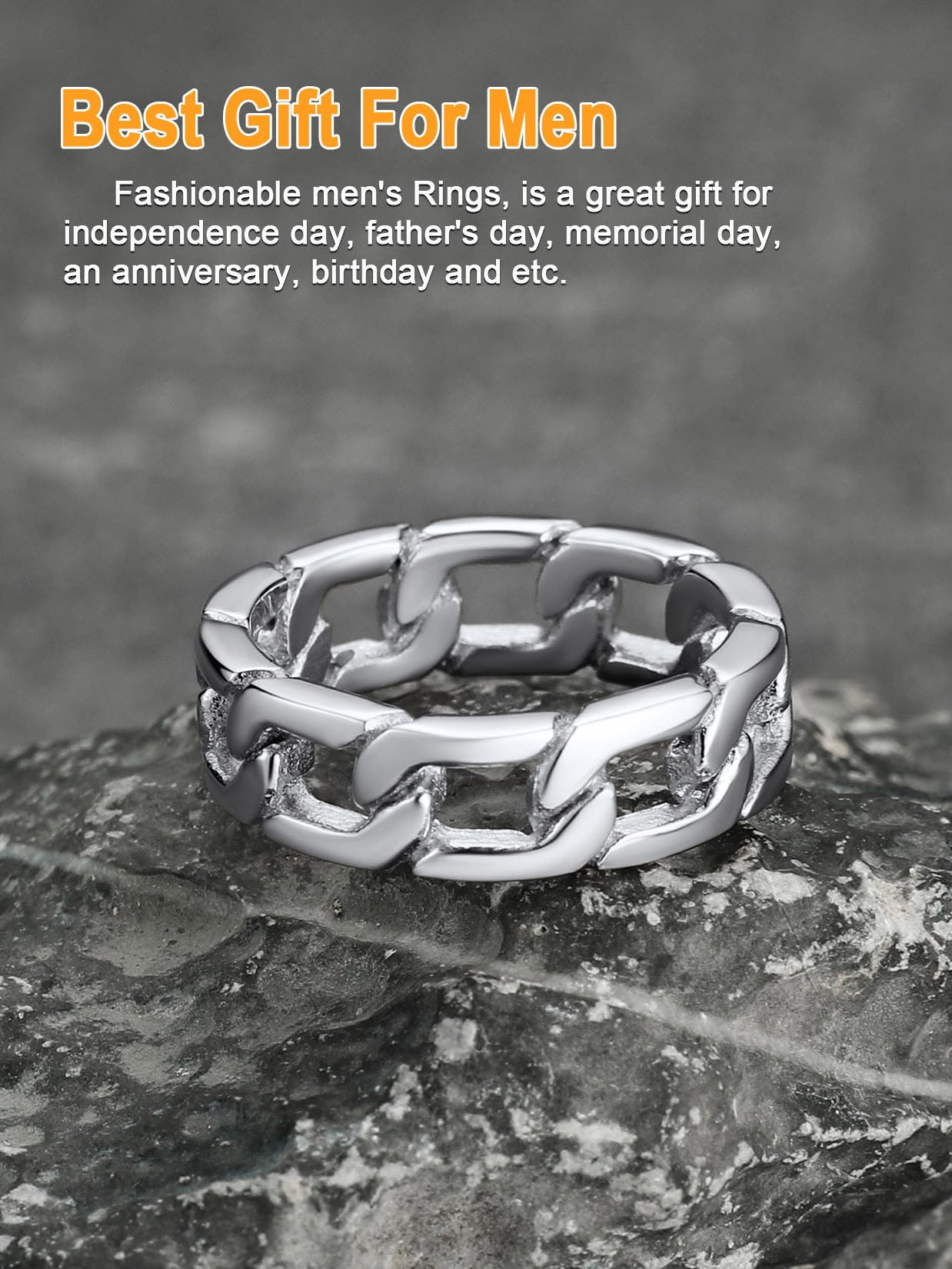 U7 Mens Women Stainless Steel 7mm Wide Band Ring, Hip Hop Thumb Rings Fashion Cuban Link Chain Rings, Size #6-#14 -Color Silver,Black,Gold