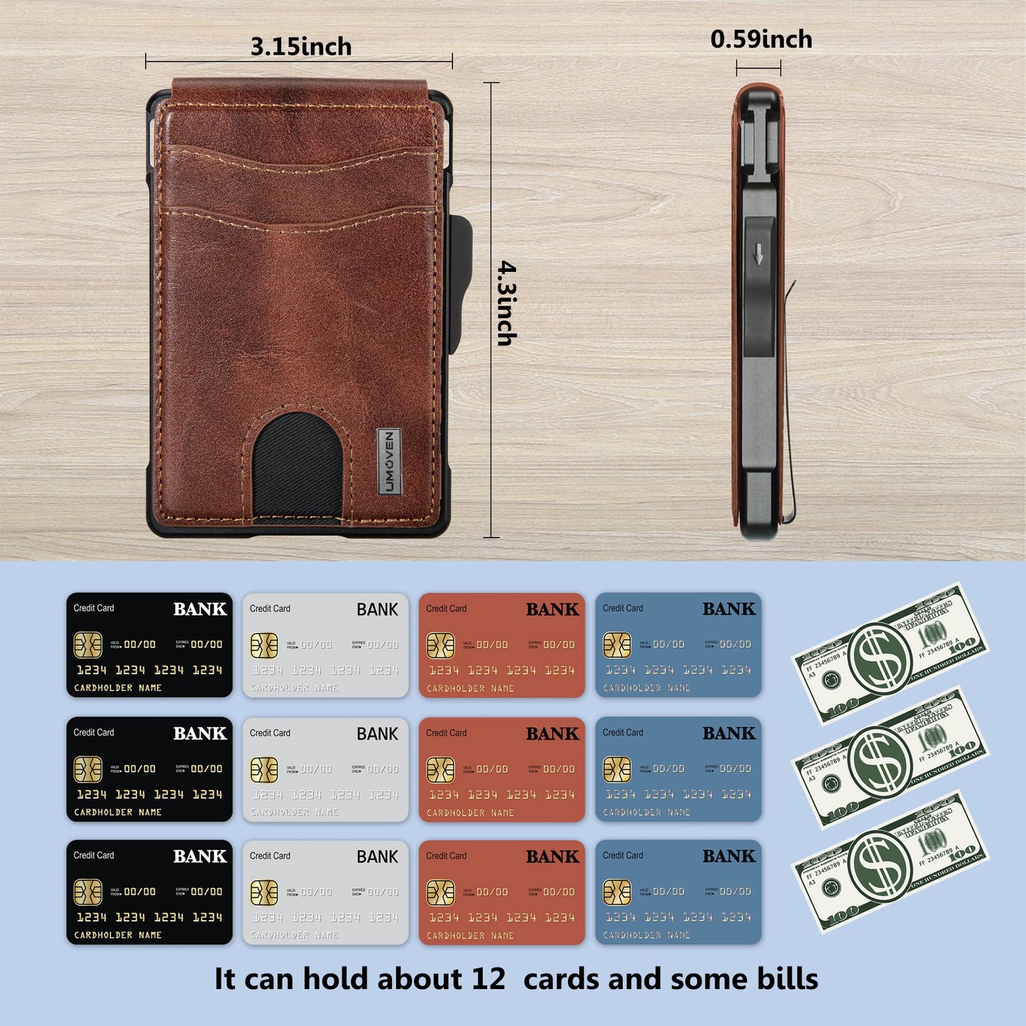 umoven Wallet for Men - with Money Clip Slim Leather Slots Credit Card Holder RFID Blocking Bifold Minimalist Wallet