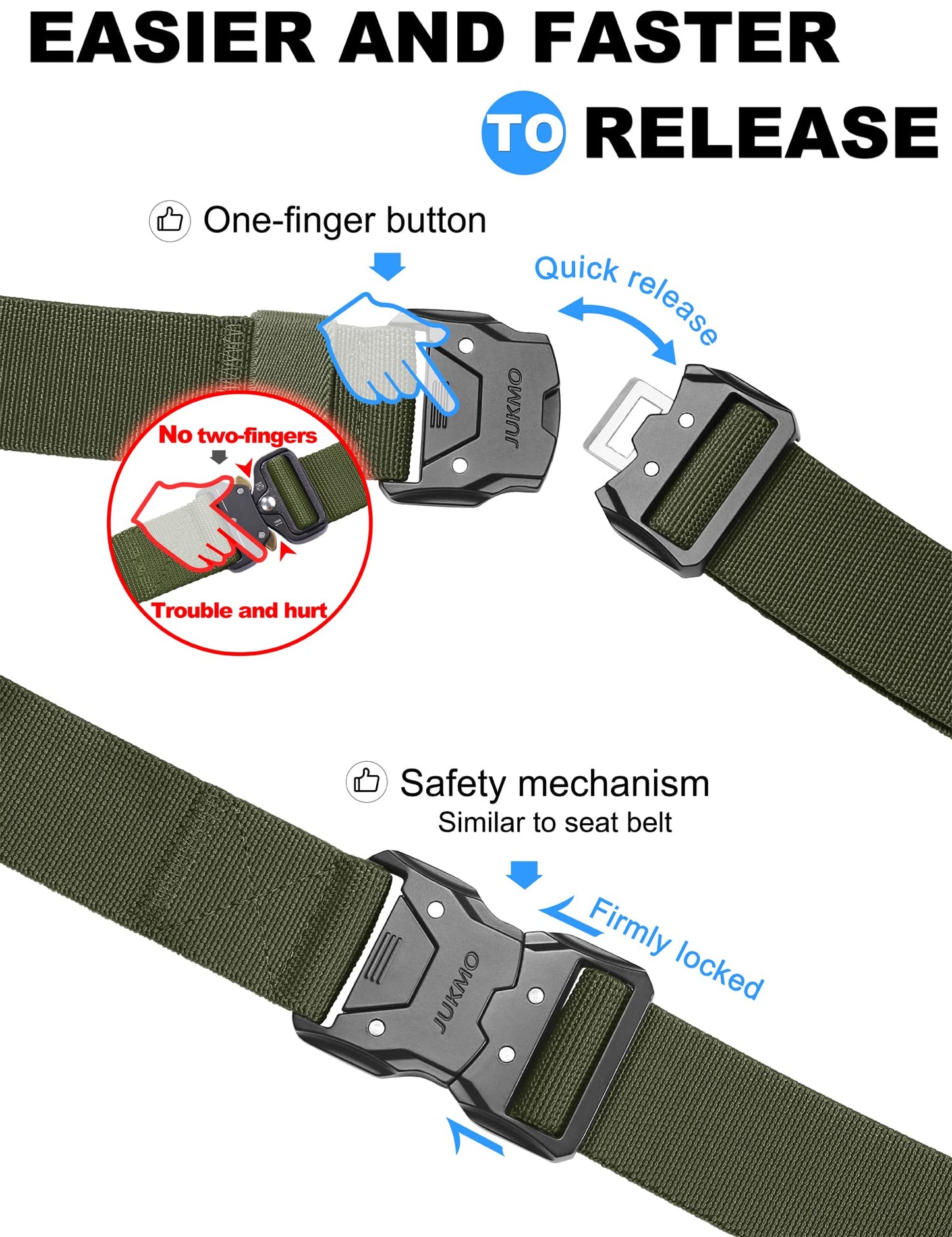 JUKMO Quick Release Tactical Belt, Military Work 1.5" Nylon Web Hiking Belt with Heavy Duty Seatbelt Buckle