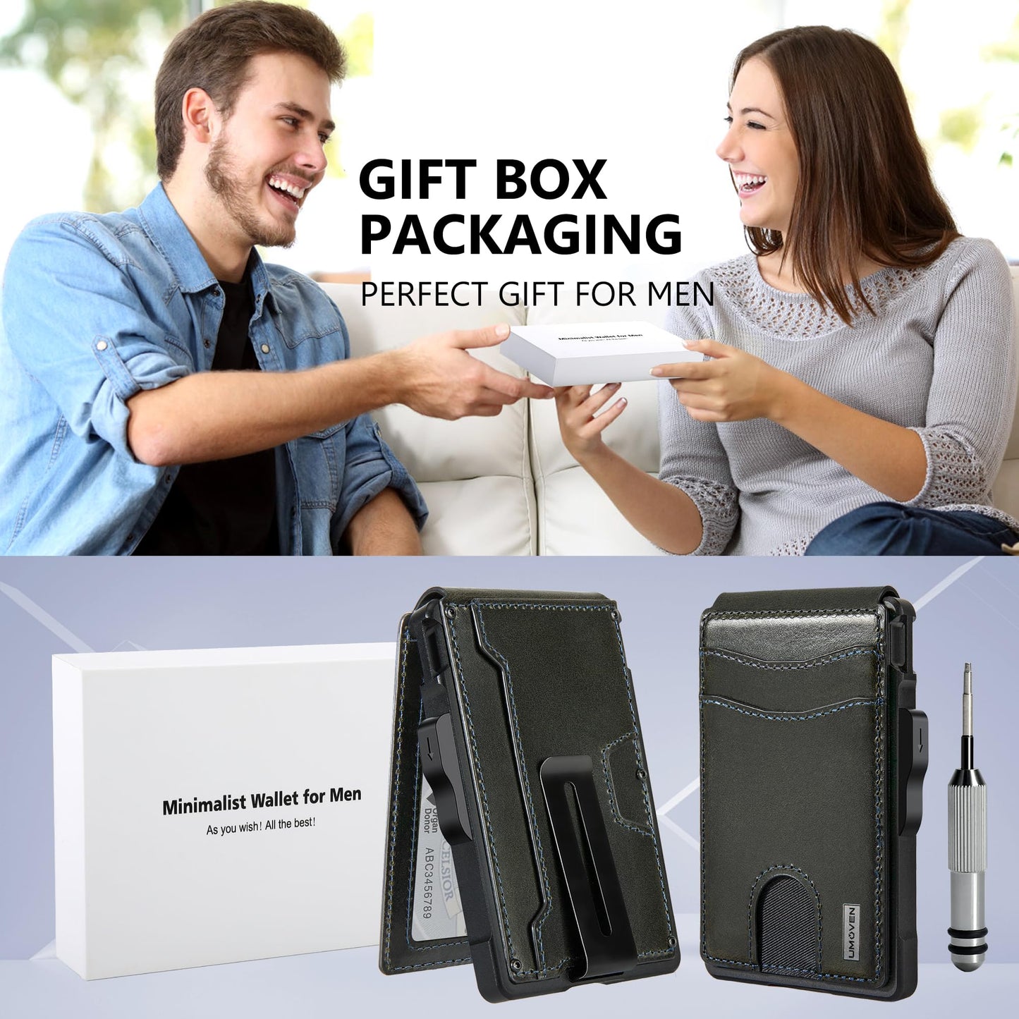 umoven Wallet for Men - with Money Clip Slim Leather Slots Credit Card Holder RFID Blocking Bifold Minimalist Wallet