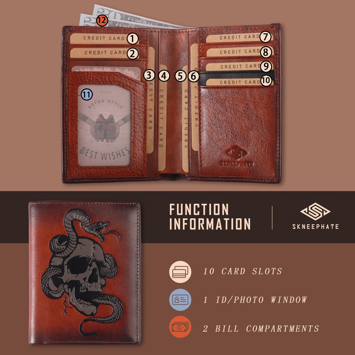 Skull Wallets For Men,Cool Mens Wallet Leather,Vertical Bifold RFID Blocking Wallets,Gifts for Him Husband and Boyfriend Gift (Coffee)
