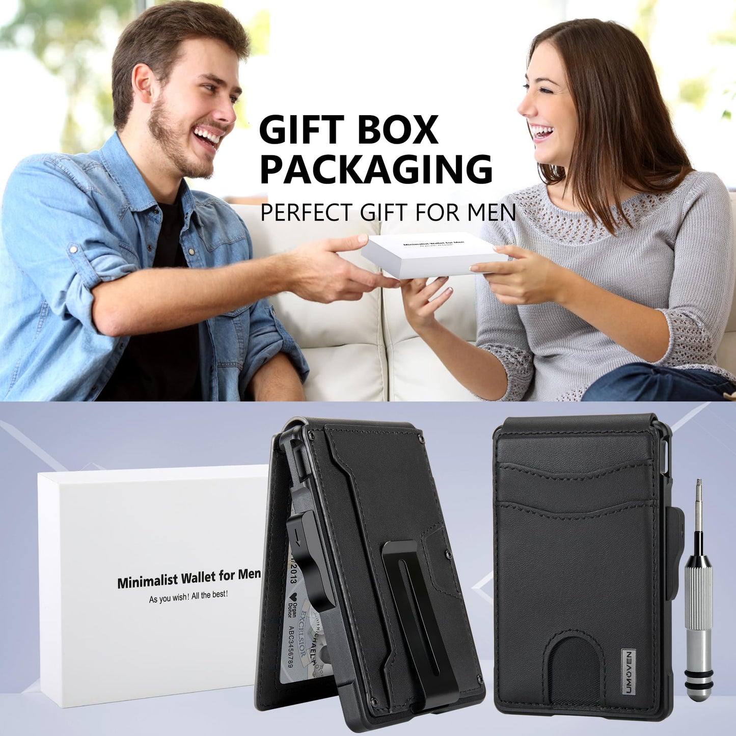 umoven Wallet for Men - with Money Clip Slim Leather Slots Credit Card Holder RFID Blocking Bifold Minimalist Wallet