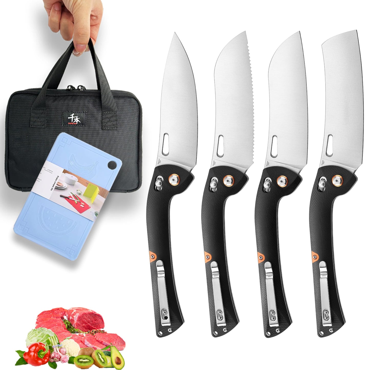 SENBON 440 Stainless Steel Lightweight Ultra Sharp Pocket Folding Chef Knife Peeling Utility Knife Fruit Knife g10 Handle with Back Clip