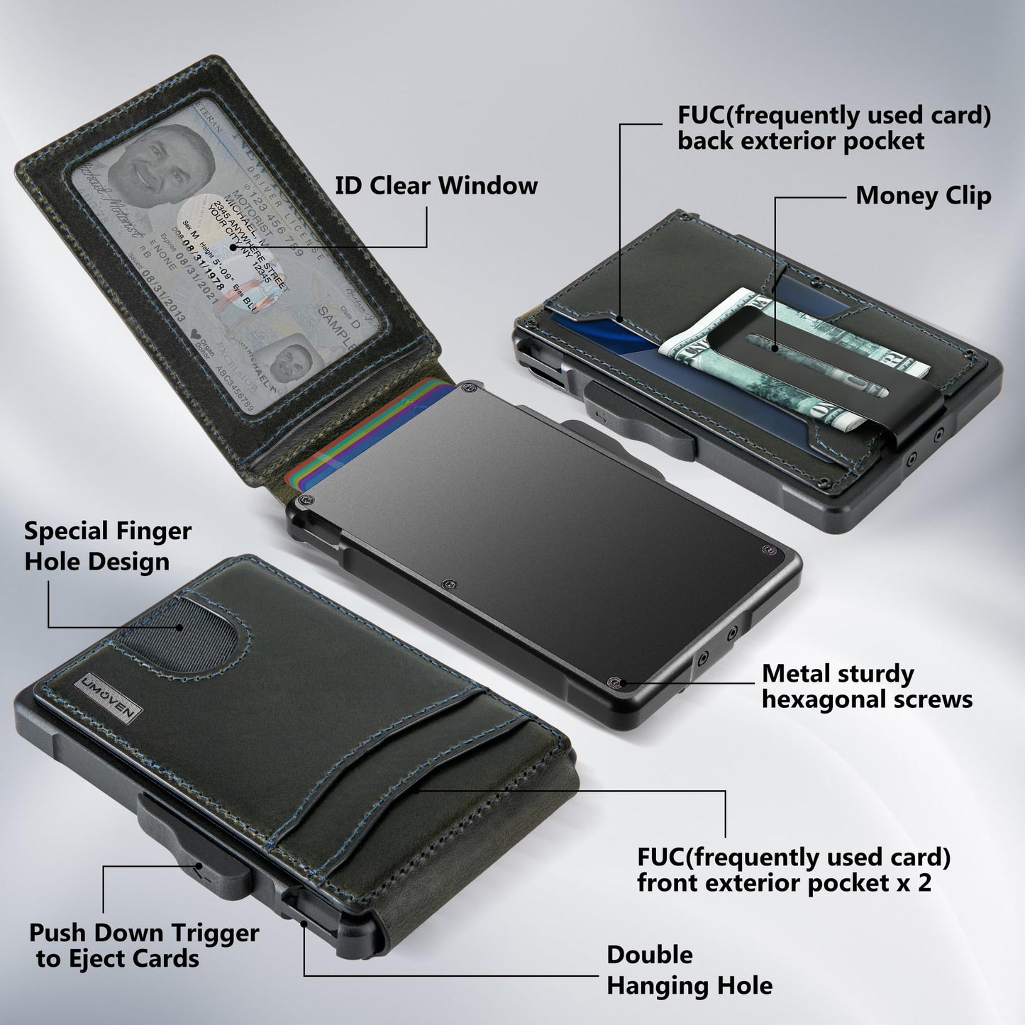 umoven Wallet for Men - with Money Clip Slim Leather Slots Credit Card Holder RFID Blocking Bifold Minimalist Wallet