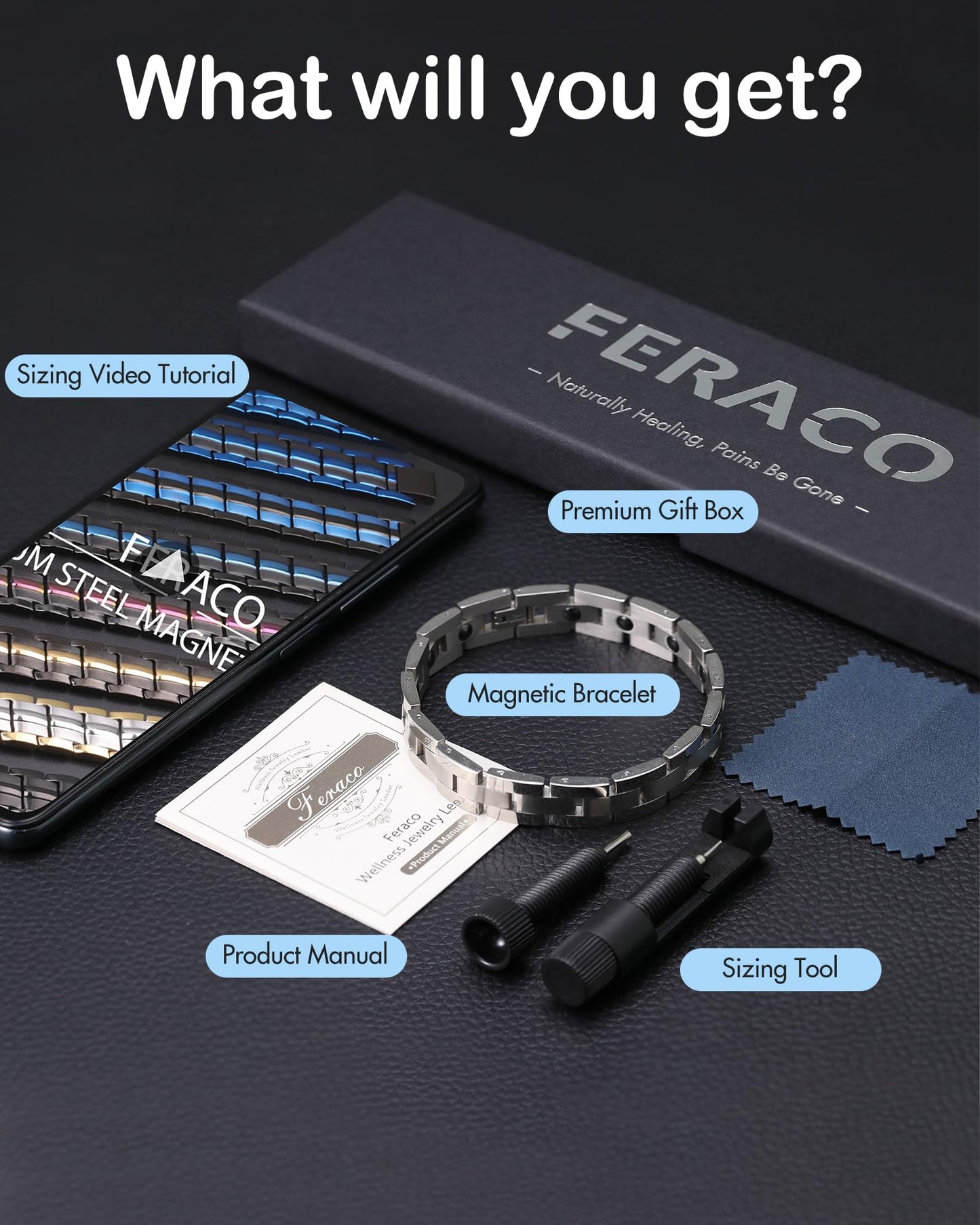 Feraco Magnetic Bracelets for Men Sleek Titanium Stainless Steel Magnetic Bracelet with Sizing Tool, Jewelry Gifts for Men (Silver)