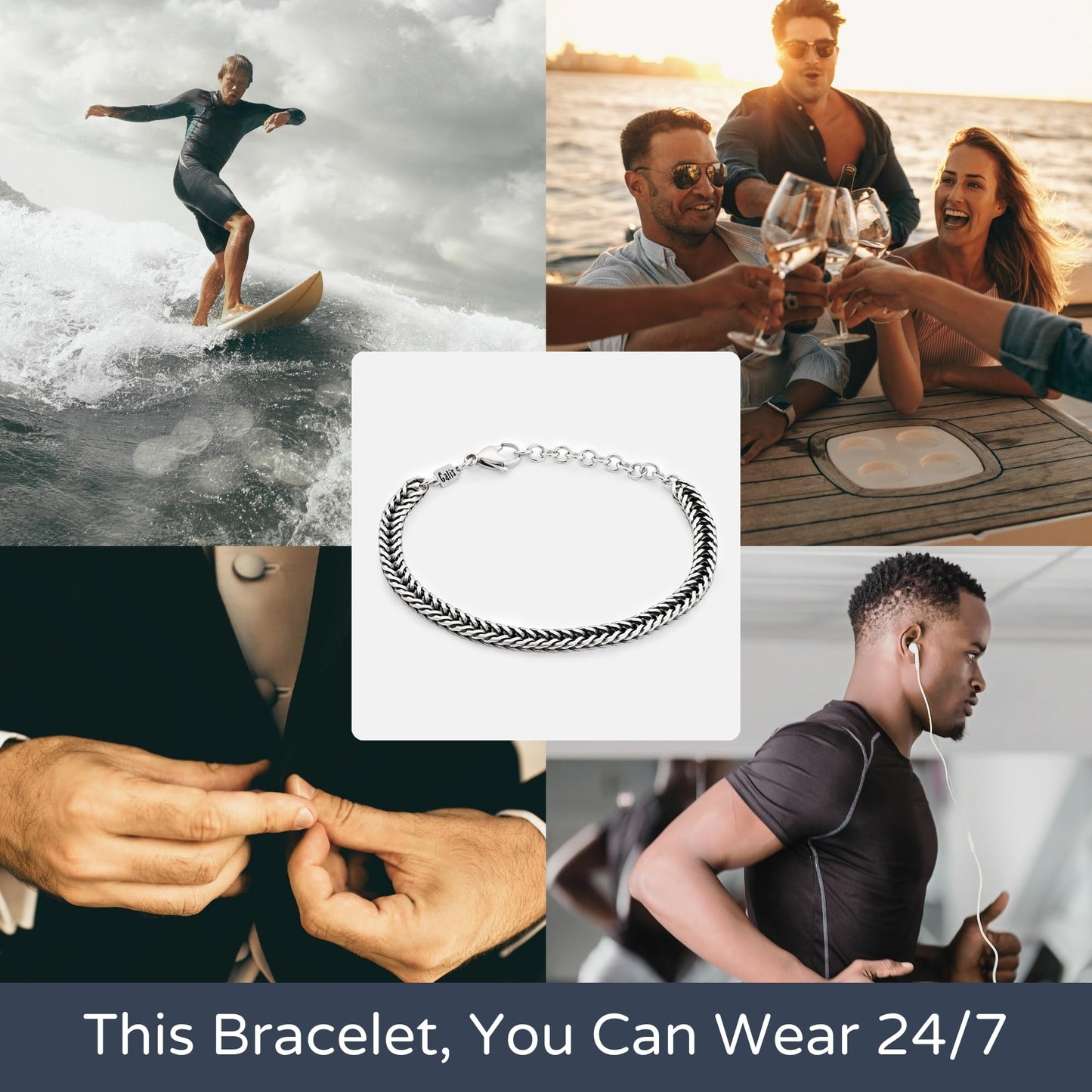 Galis Chain Bracelets For Men 7.5" - Premium Stainless Steel Mens Bracelet, Silver Plated Non Tarnish Bracelet - Snake Chain Everyday Men's Bracelets, Gifts For Him, For The Dad Dedication Card