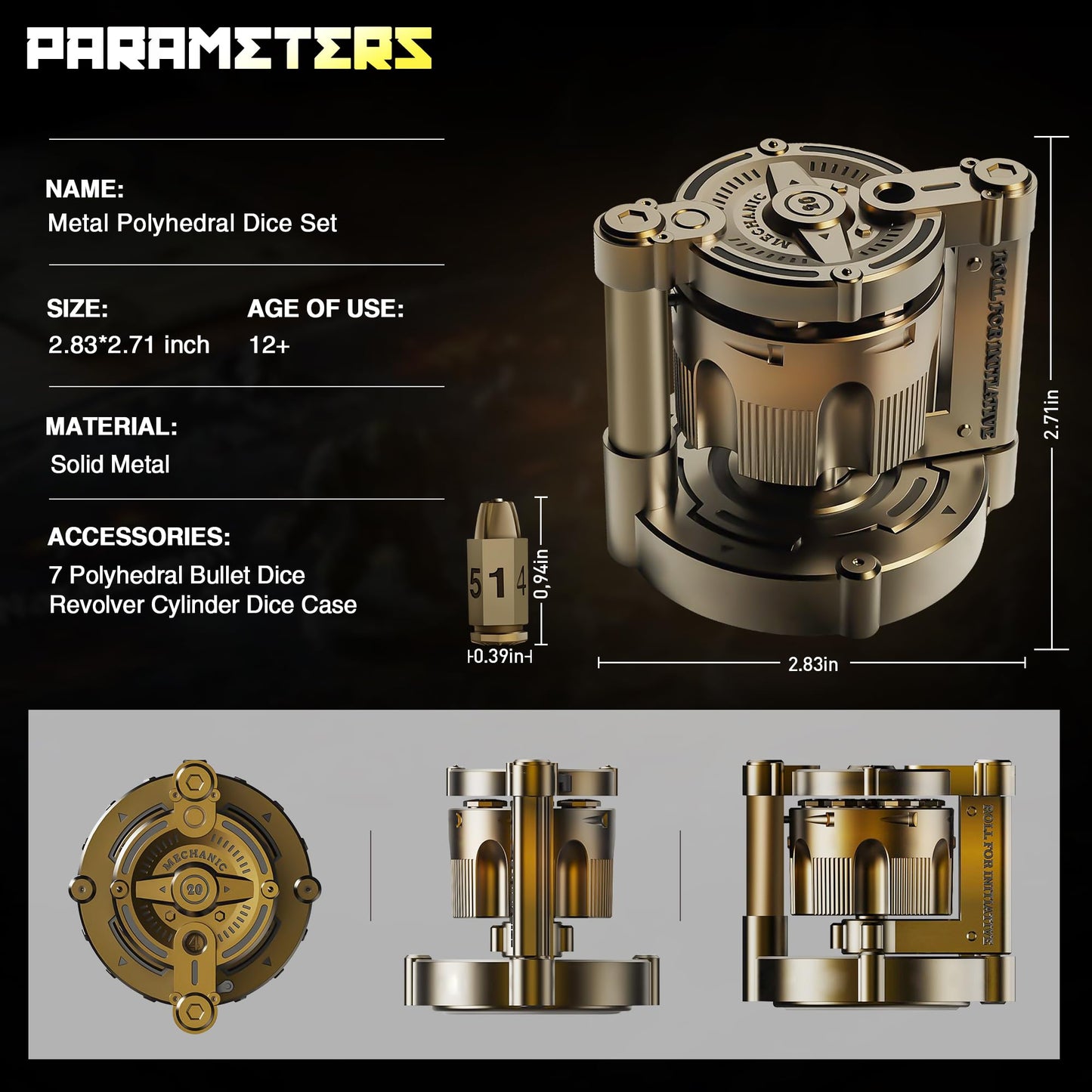 Metal Dice Set for DND with Spinning Revolver Cylinder Container, Polyhedral Bullet Dice Set of 7, Cyberpunk Style Dice for D&D, Warhammer 40K, Sci-Fi, War, or Crime Theme Tabletop Games
