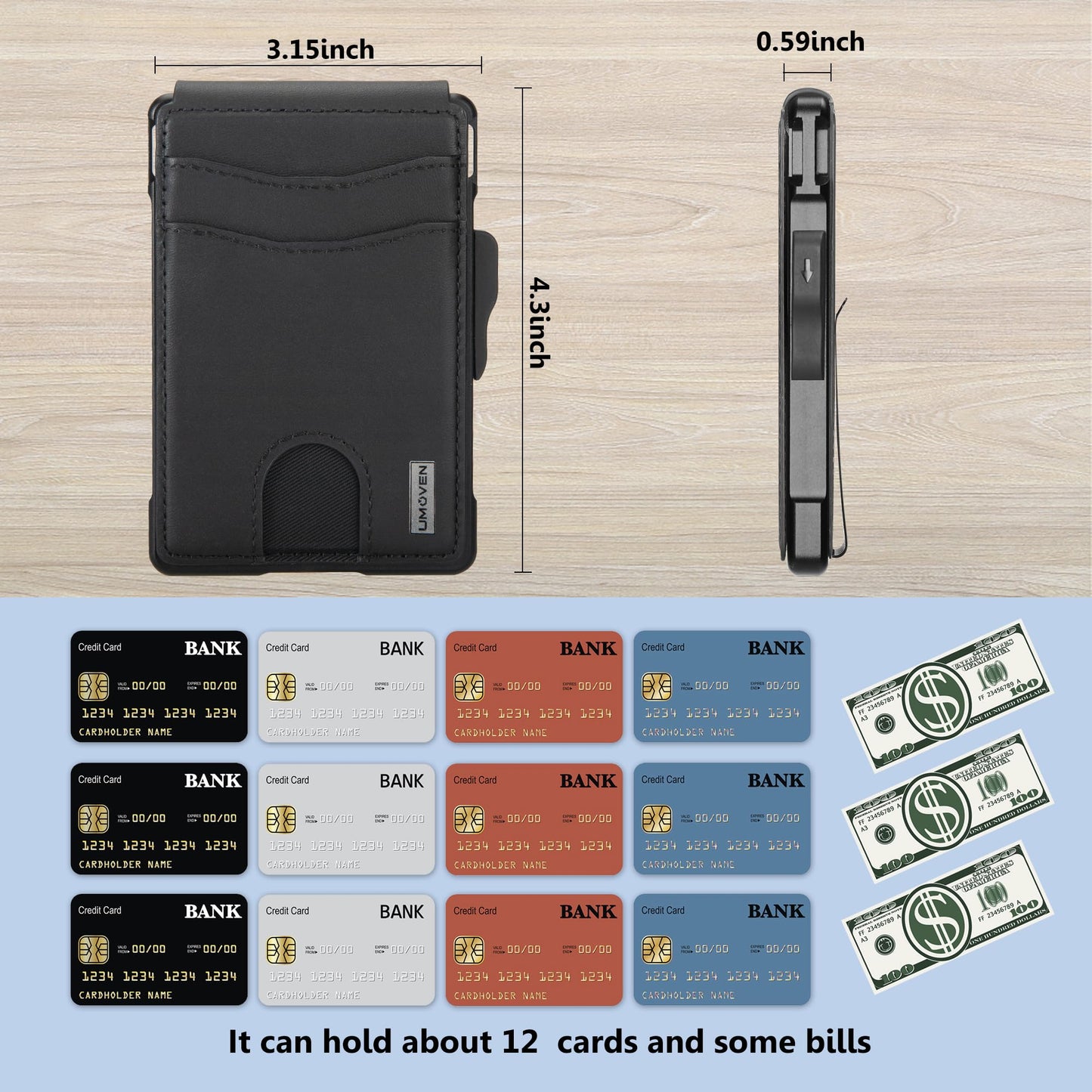 umoven Wallet for Men - with Money Clip Slim Leather Slots Credit Card Holder RFID Blocking Bifold Minimalist Wallet