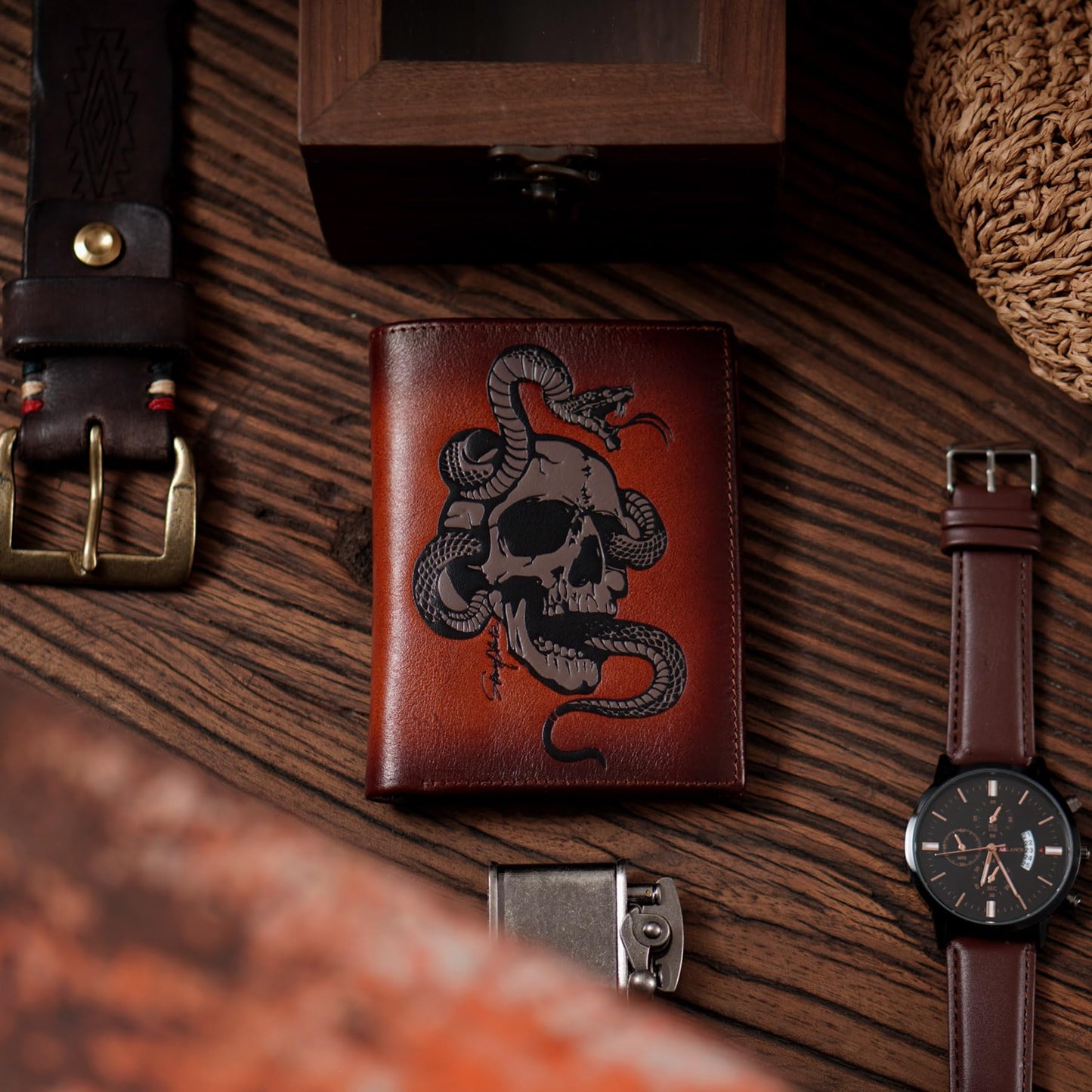 Skull Wallets For Men,Cool Mens Wallet Leather,Vertical Bifold RFID Blocking Wallets,Gifts for Him Husband and Boyfriend Gift (Coffee)