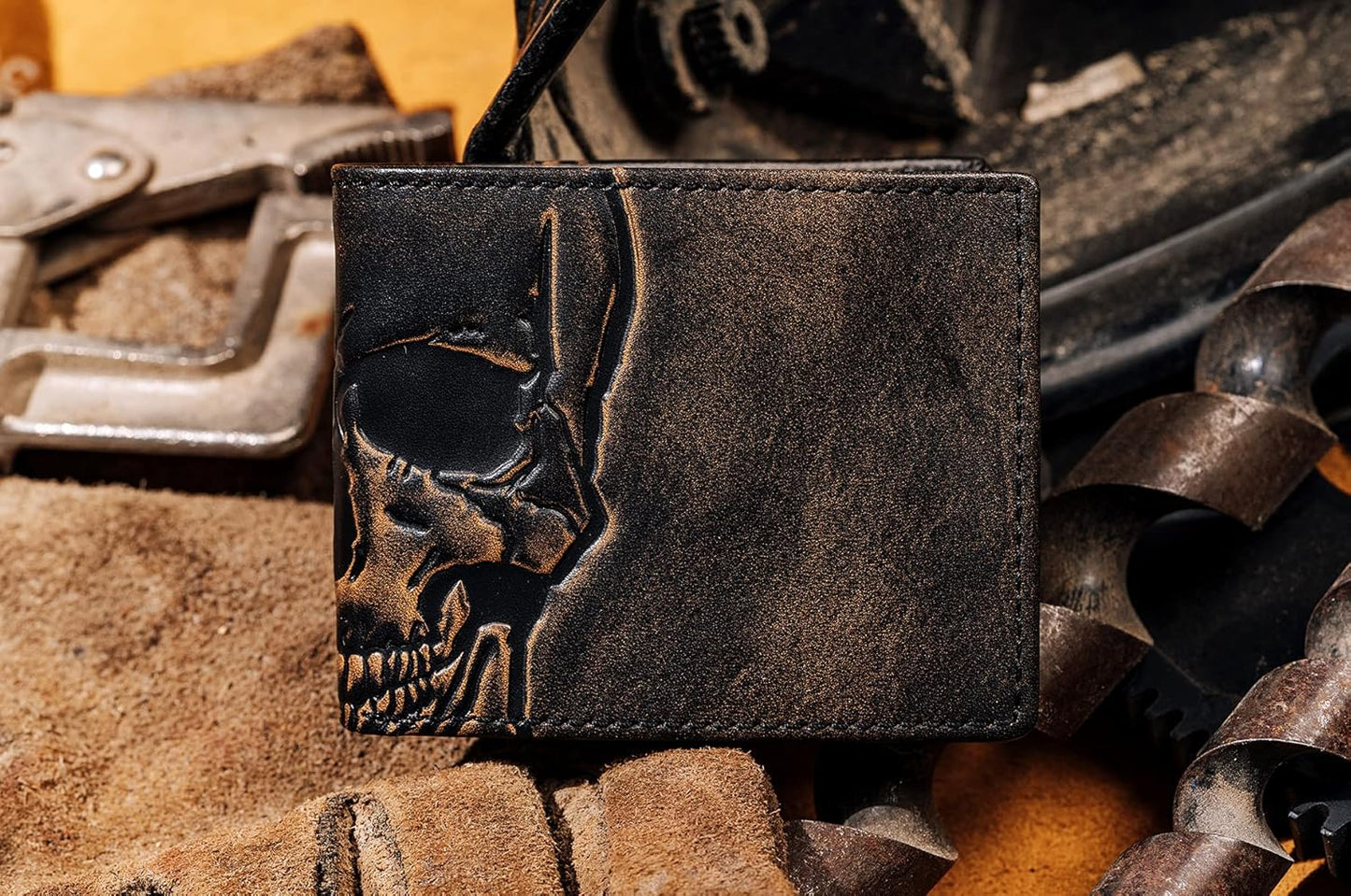 House of Jack Co. SKULL Bifold Wallet for Men | Extra Capacity Two ID Windows | Full Grain Leather With Hand Burnished Finish | Multi Card Capacity | Skull Men's Wallet