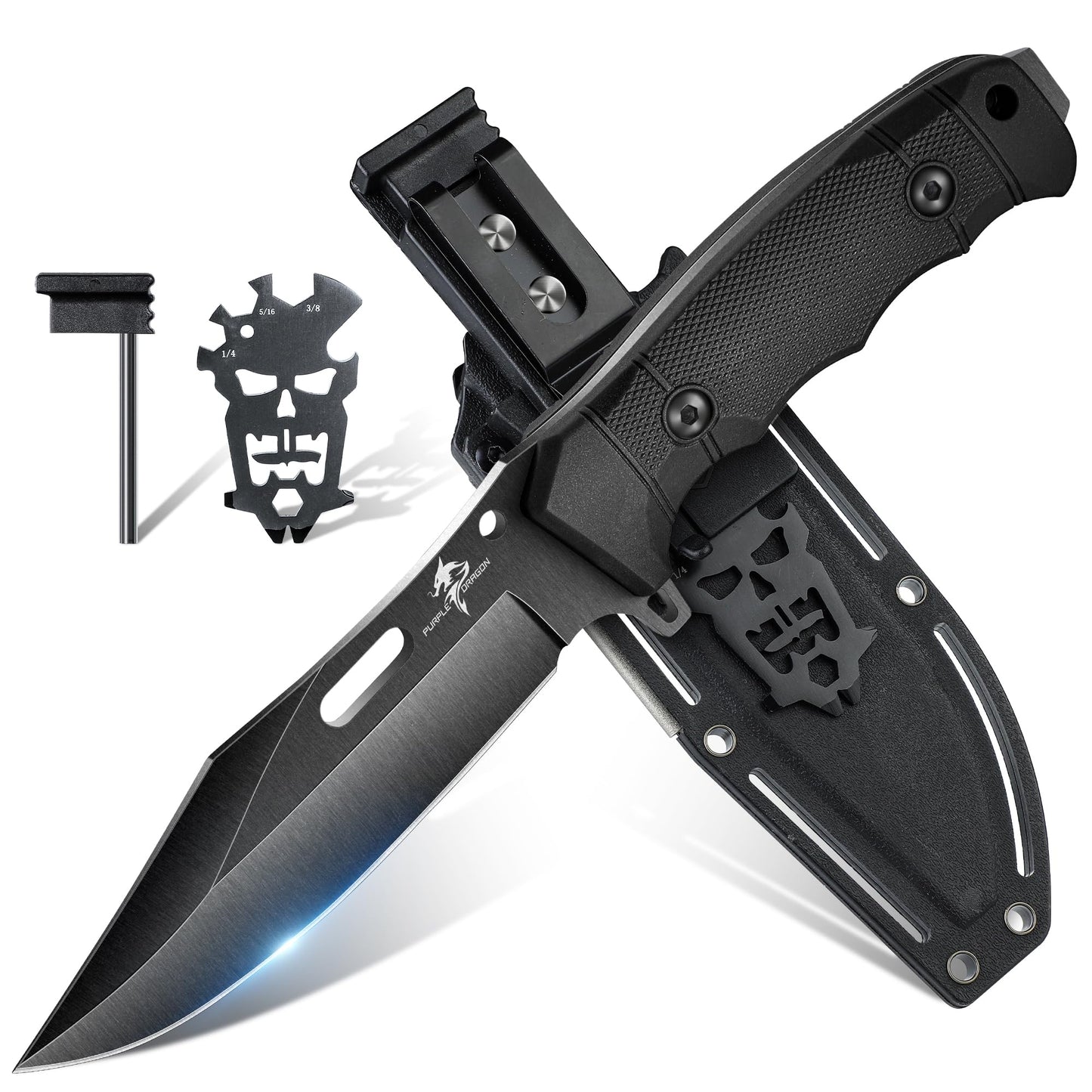 Purple Dragon Khaki Survival Knife with Kydex Sheath, Full Tang Fixed Blade Hunting Knife Made from a Single Piece of D2 Steel, Field Knife for Bushcraft Camping and Hunting, Gifts for Men