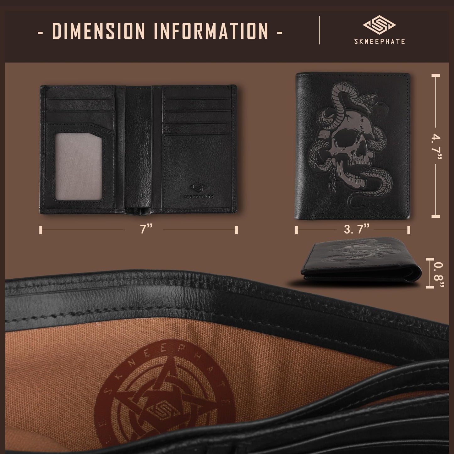 Skull Wallets For Men,Cool Mens Wallet Leather,Vertical Bifold RFID Blocking Wallets,Gifts for Him Husband and Boyfriend Gift (Coffee)